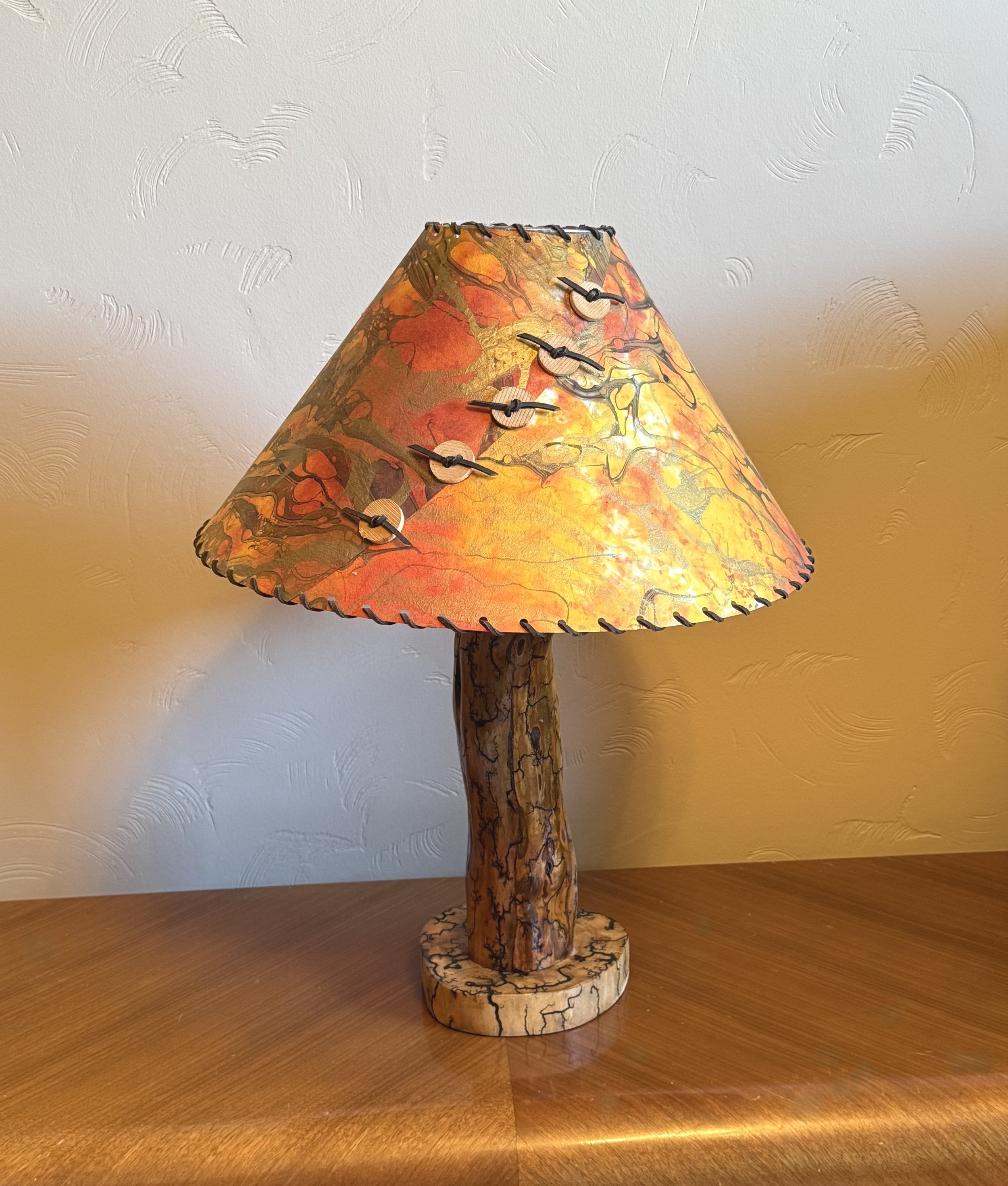 Table Lamp from Reclaimed Wild Plum Fractural Burned with Fractural Burned Pine Base