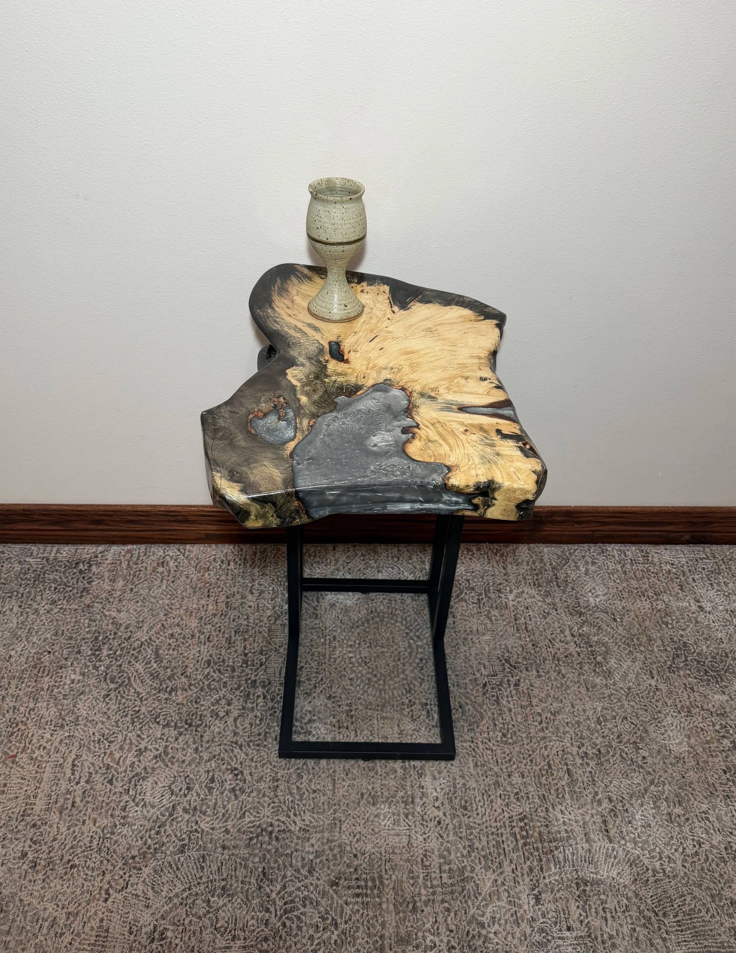 Buckeye Live Edge End/Side/Snack Table with Silver Epoxy Inserts and Black Metal C Shaped Legs