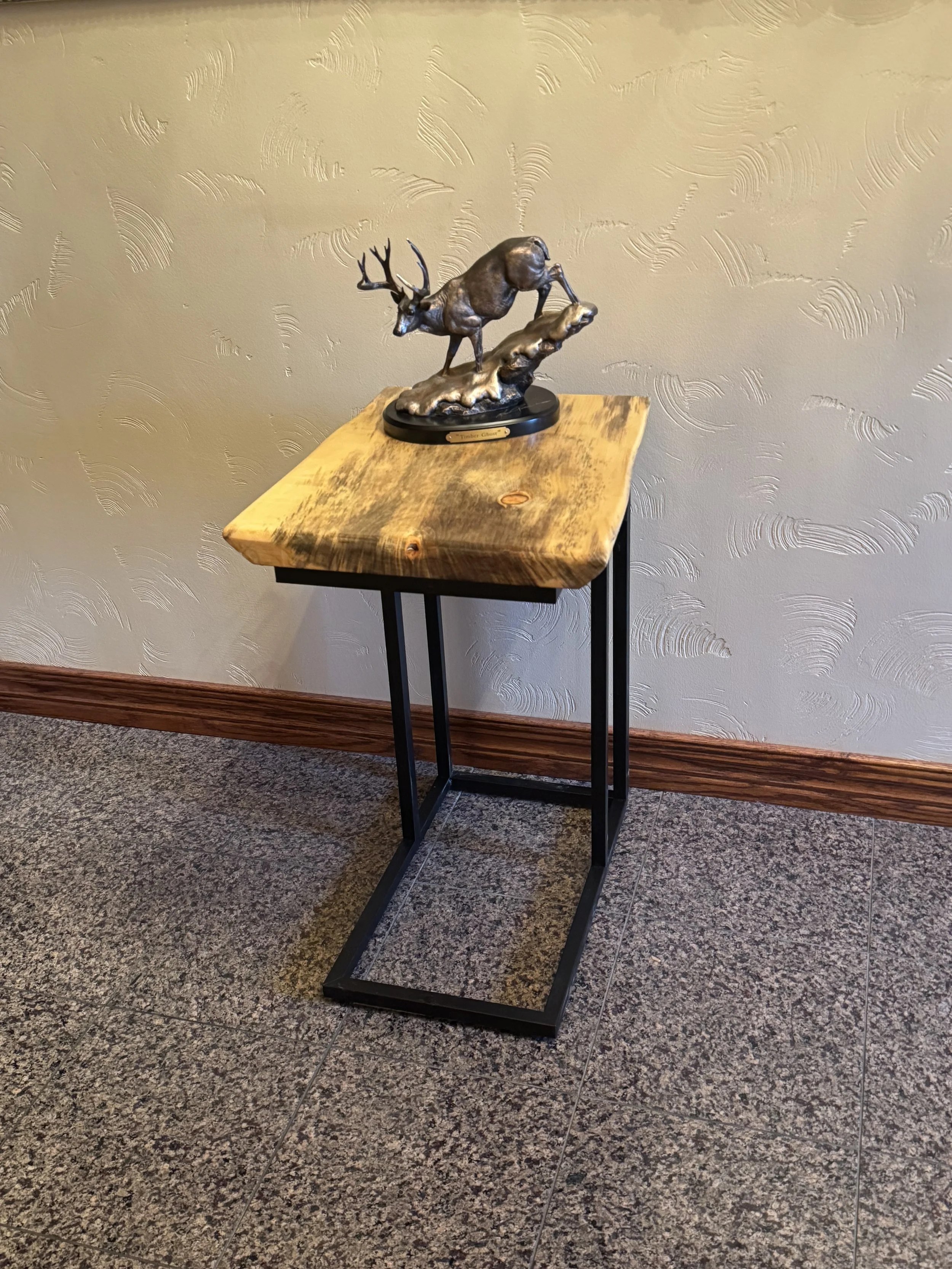 Blue Pine Live Edge End/Side/Snack Table with Black Metal C-Shaped Legs