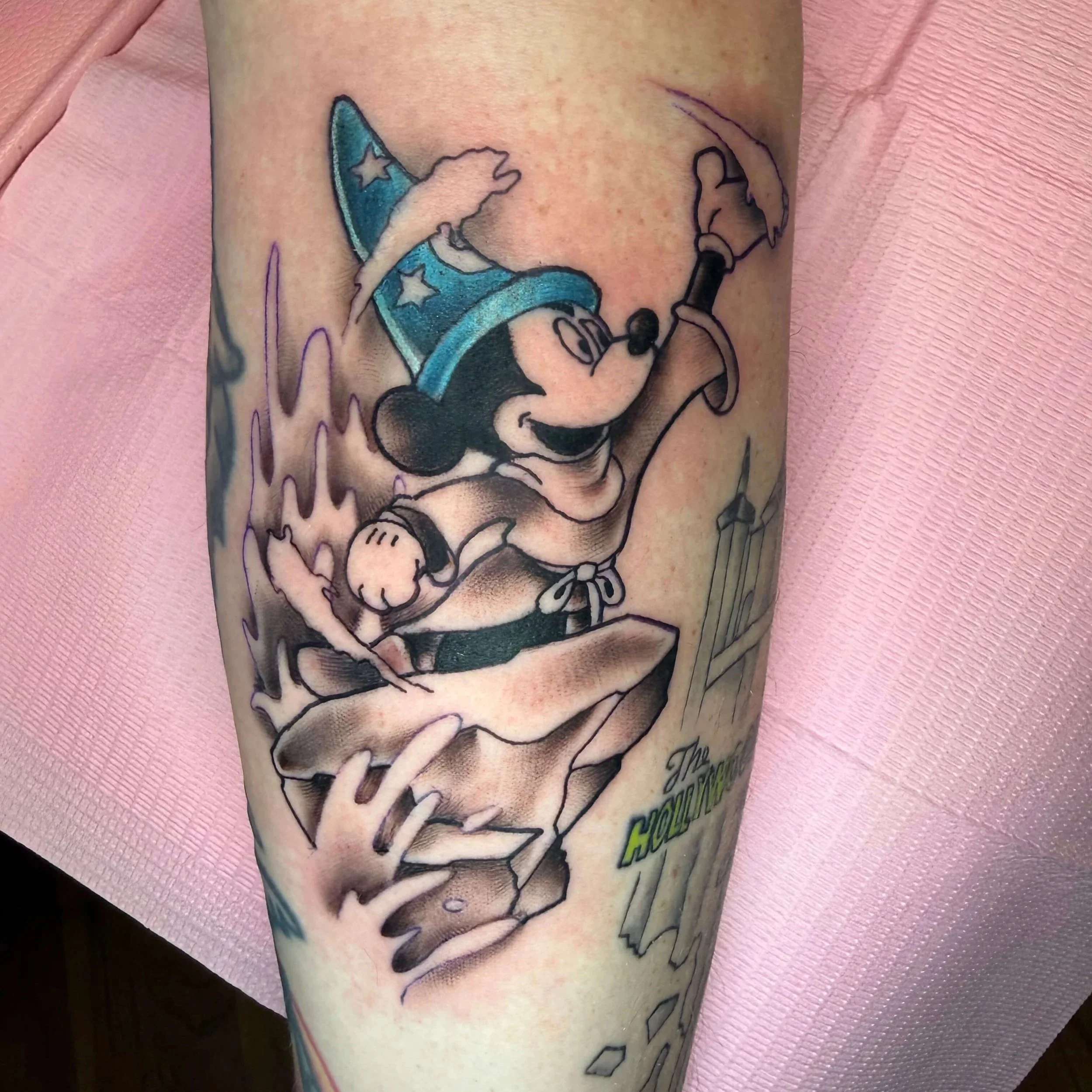 Sorcerer Mickey Mouse Fantasia tattoo by Erin Peterson at Integrity Tattoo in Denton Texas.