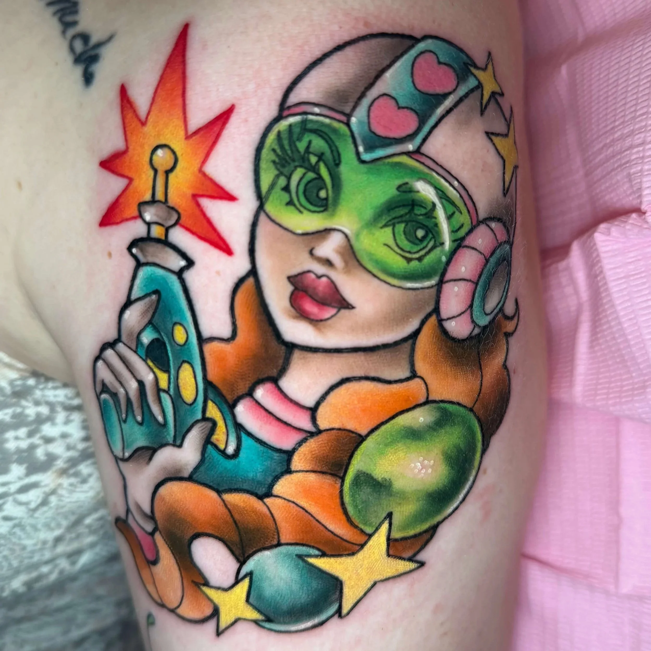 Neo traditional sci-fi space girl tattoo with Ray gun by Erin Peterson at Integrity Tattoo in Denton Texas.