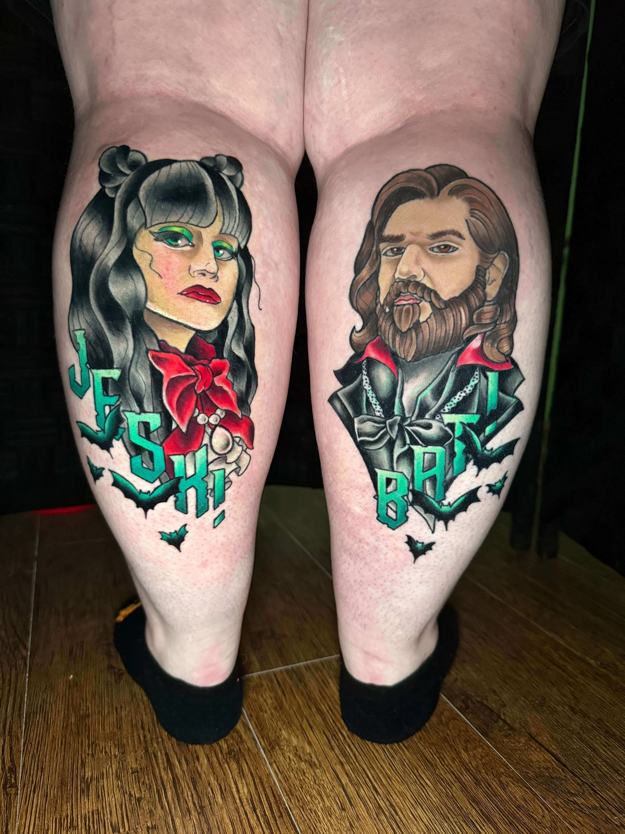 What we do in the Shadows Nadja and Laszlo calf tattoos by Erin Peterson at Integrity Tattoo in Denton Texas.