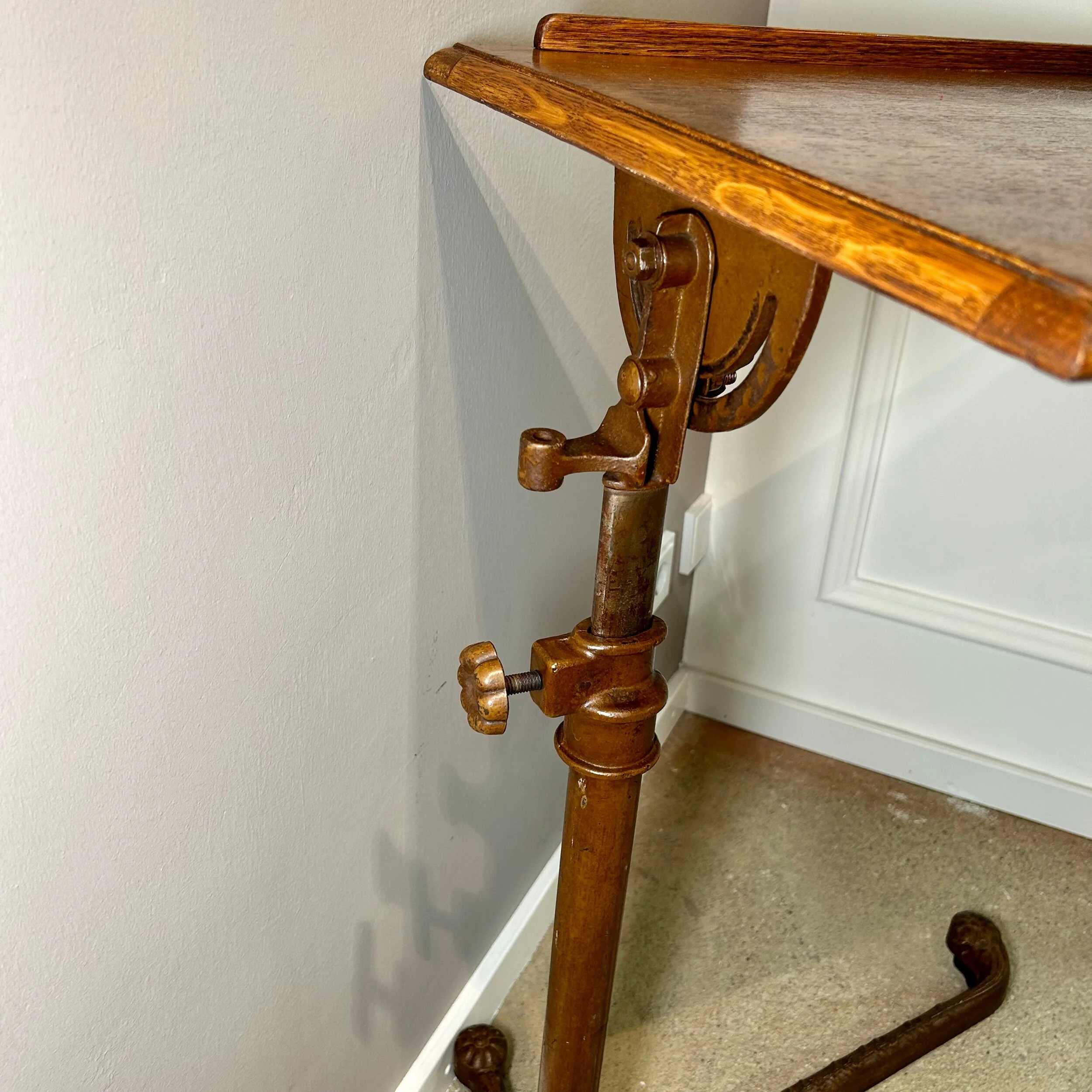 original edwardian reading table cast iron foot oak table top