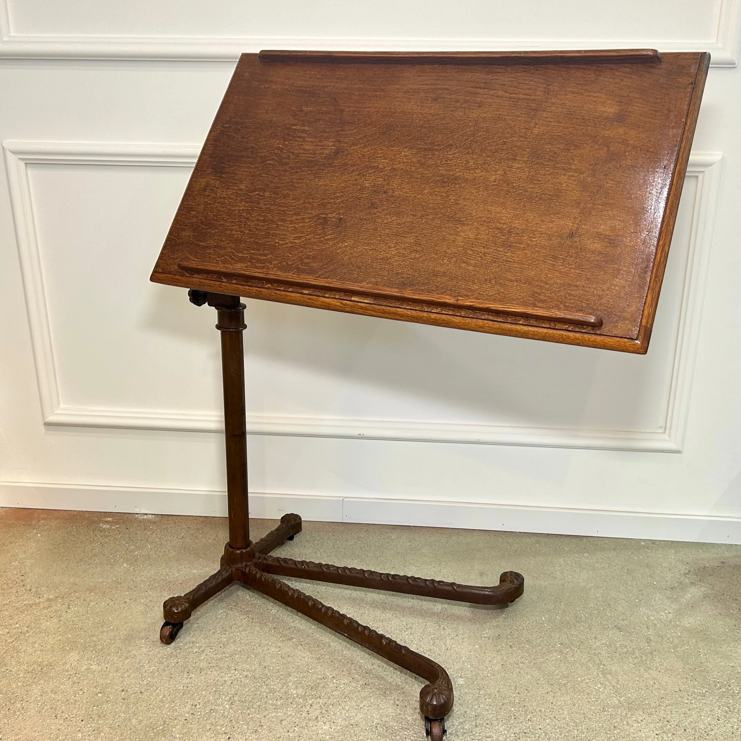 original edwardian reading table cast iron foot oak table top