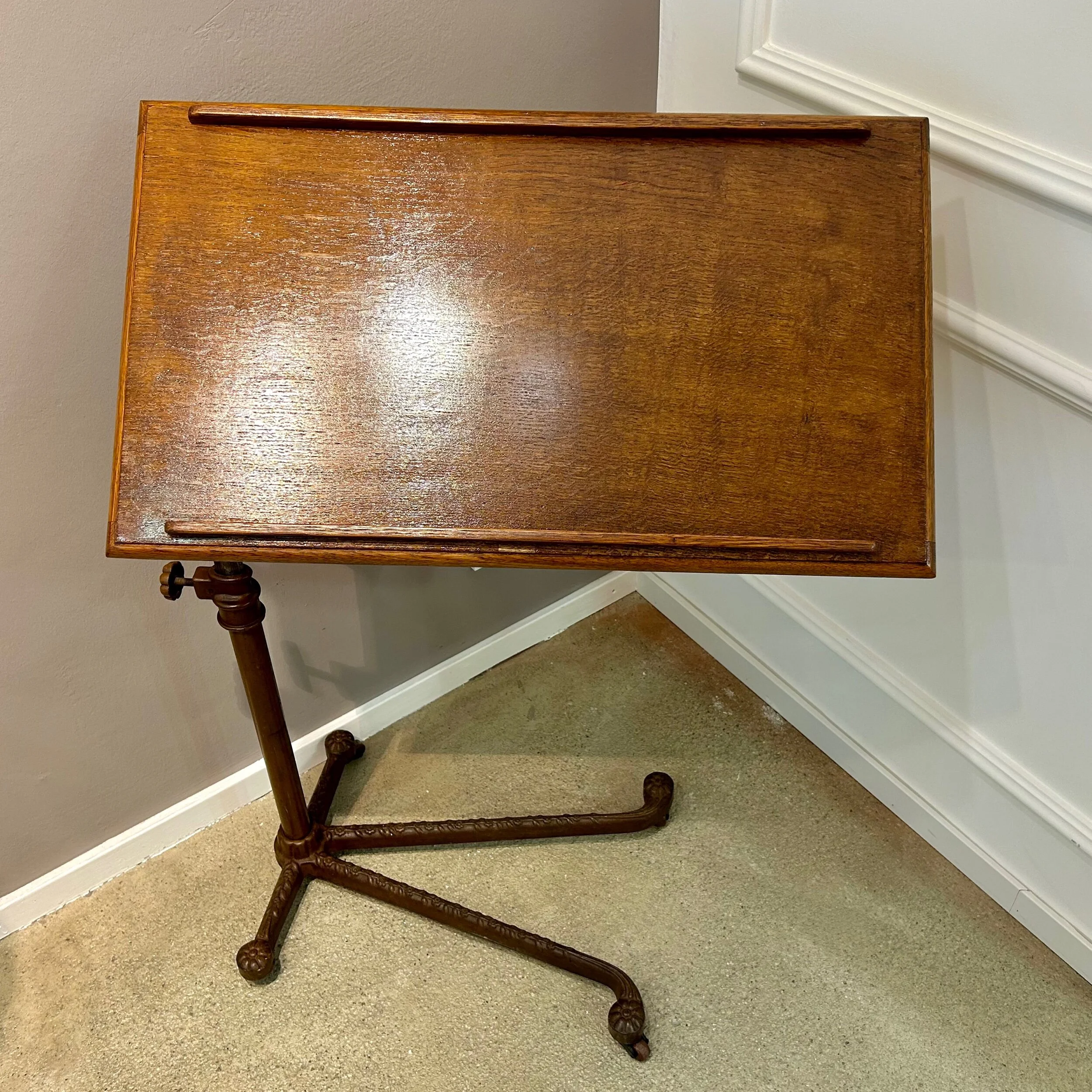 original edwardian reading table cast iron foot oak table top