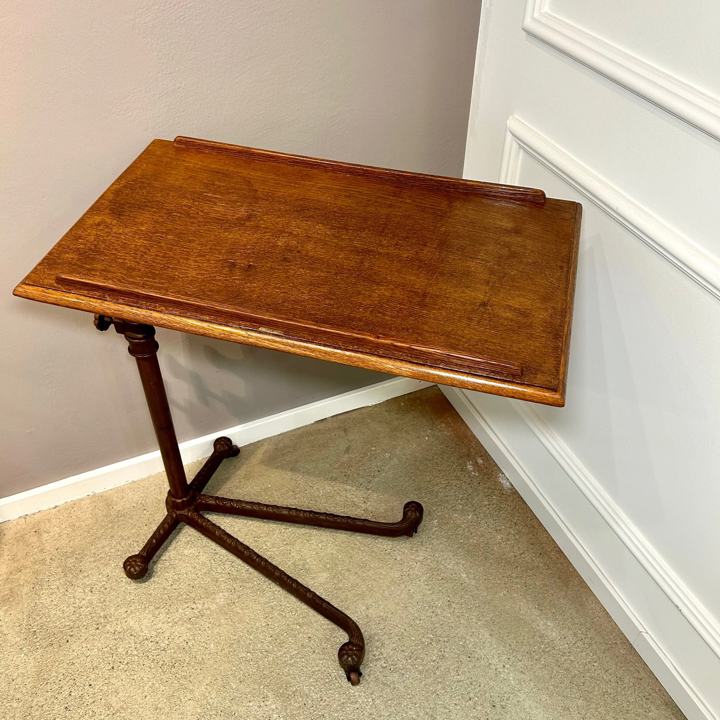 original edwardian reading table cast iron foot oak table top