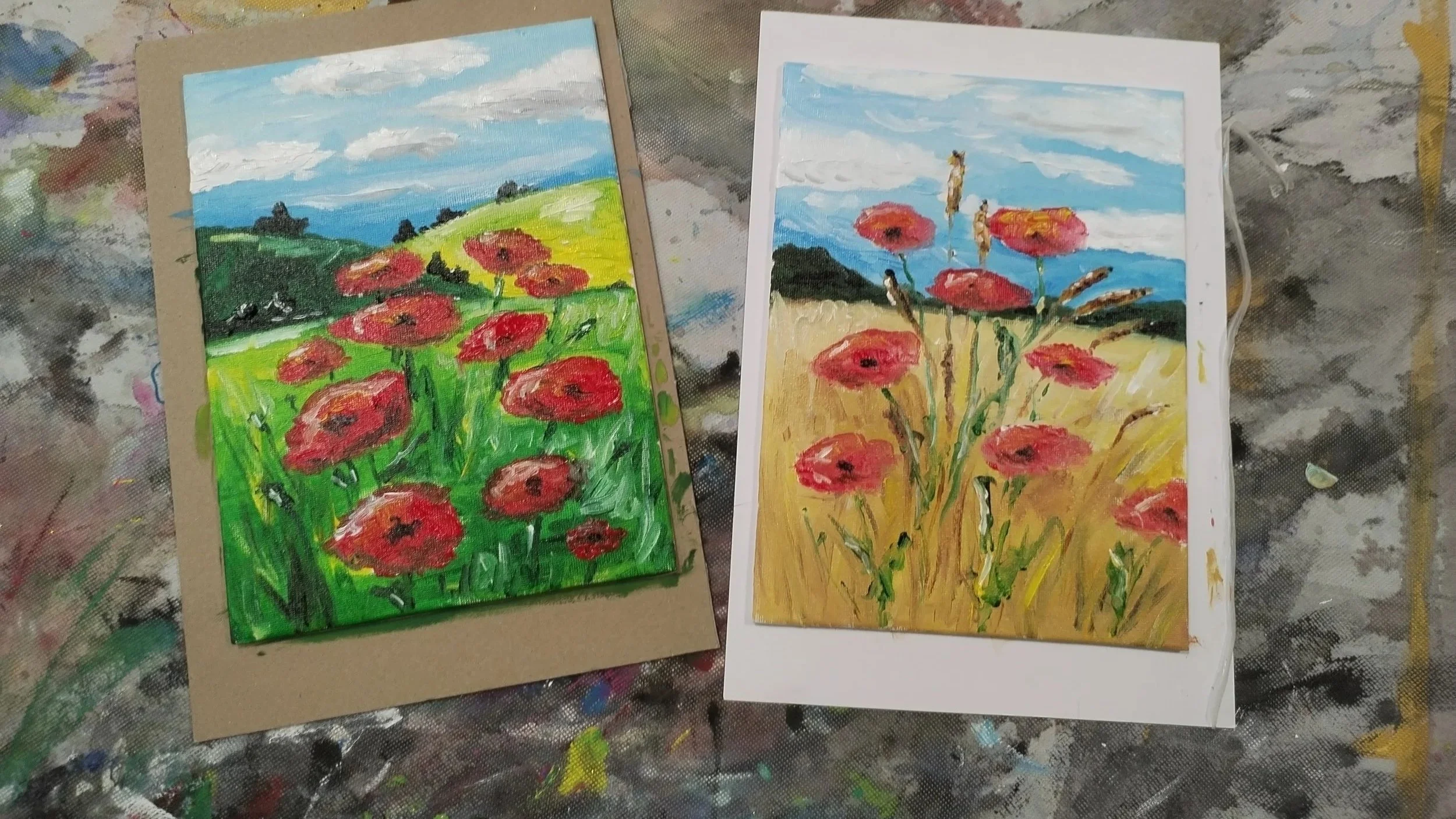 2 verschiedene Varianten eines Ölbildes mit Mohnblumen