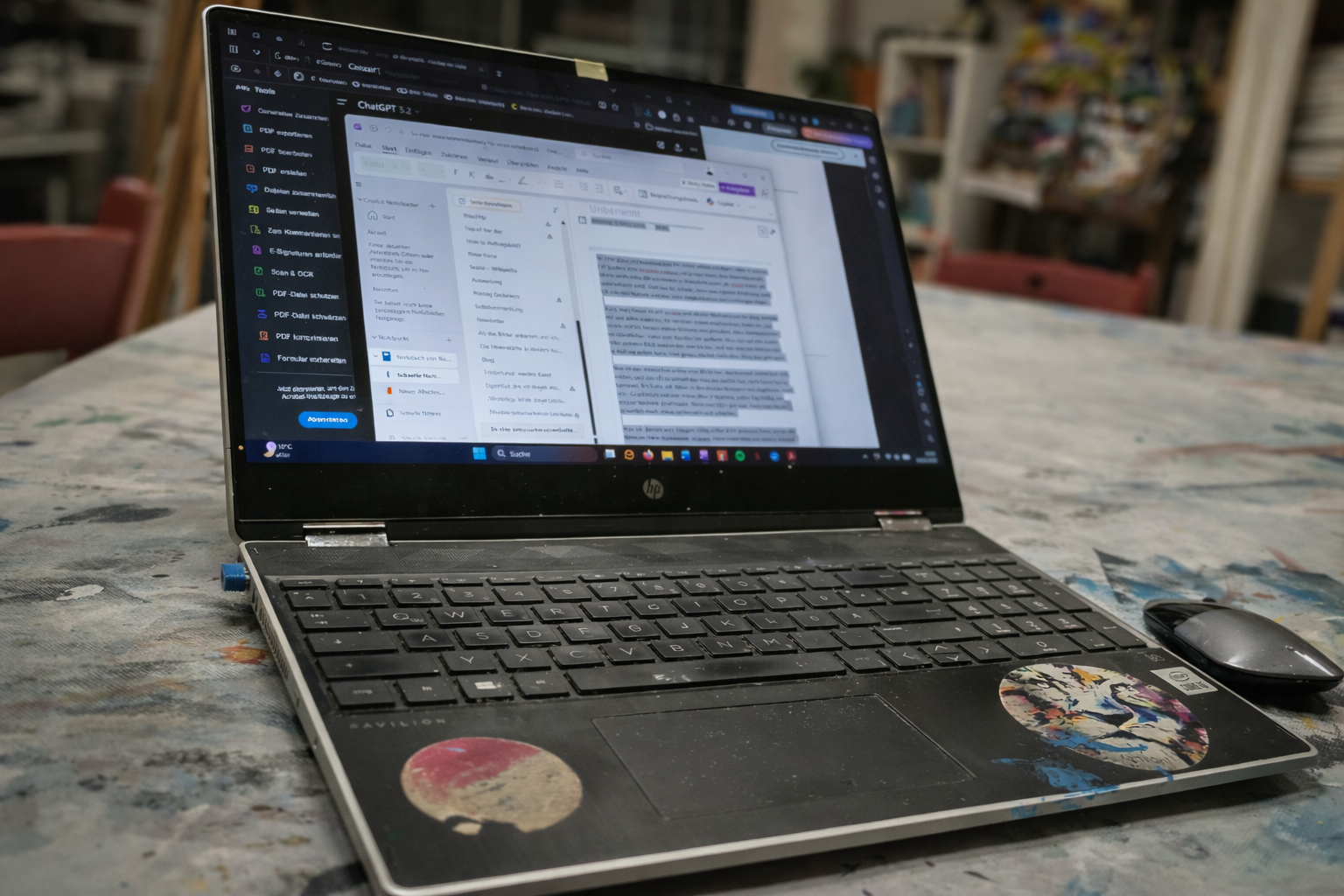 Laptopim Künstlerateliermit farbbekleckertem Arbeitstisch im Hintergrund