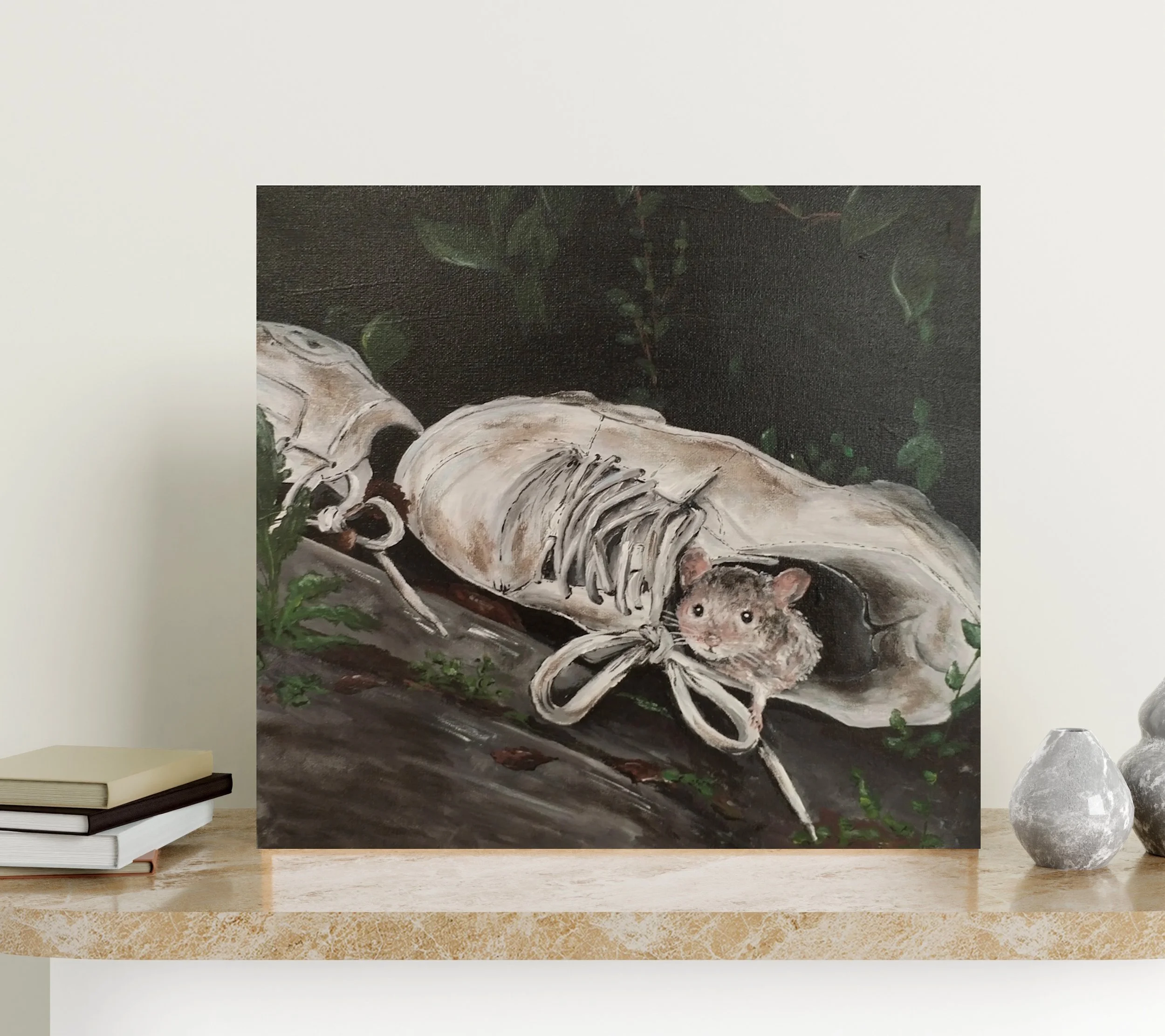 Acrylbild von 2 ausrangierten Schuhen am Wegesrand, in denen eine kleine Maus wohnt