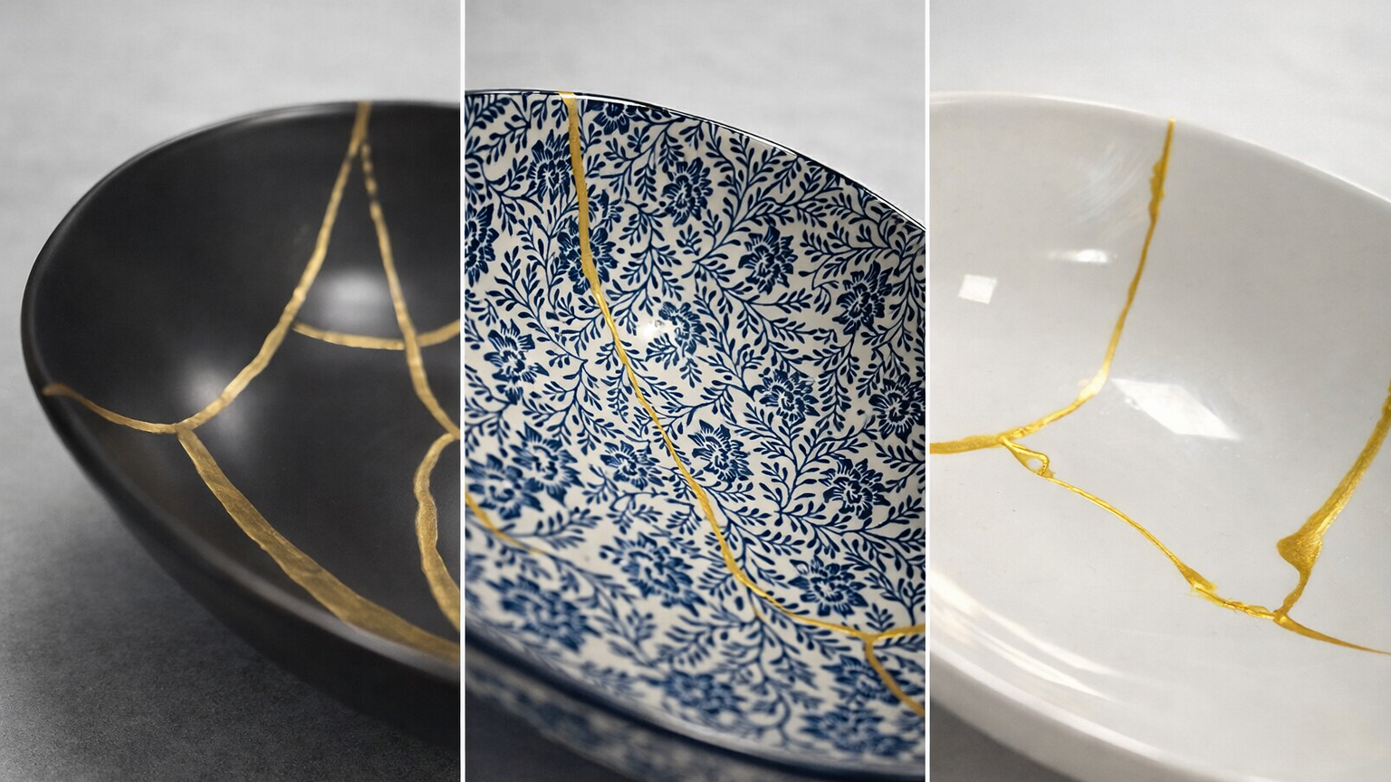 banner mit 3 Detailaufnahmen reparieter Schalen in Kintsugi Technik