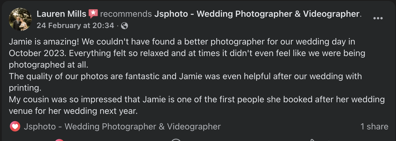 Text post recommending Jphoto wedding photography services, praising photographer Jamie for excellent photos and helpfulness, with a review from a satisfied customer.