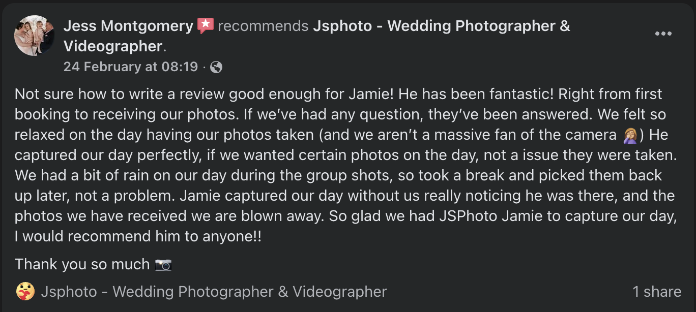 Screenshot of a Facebook review from Jess Montgomery praising a wedding photographer, JSphoto. The review mentions that the photographer captured their day perfectly despite rainy weather.