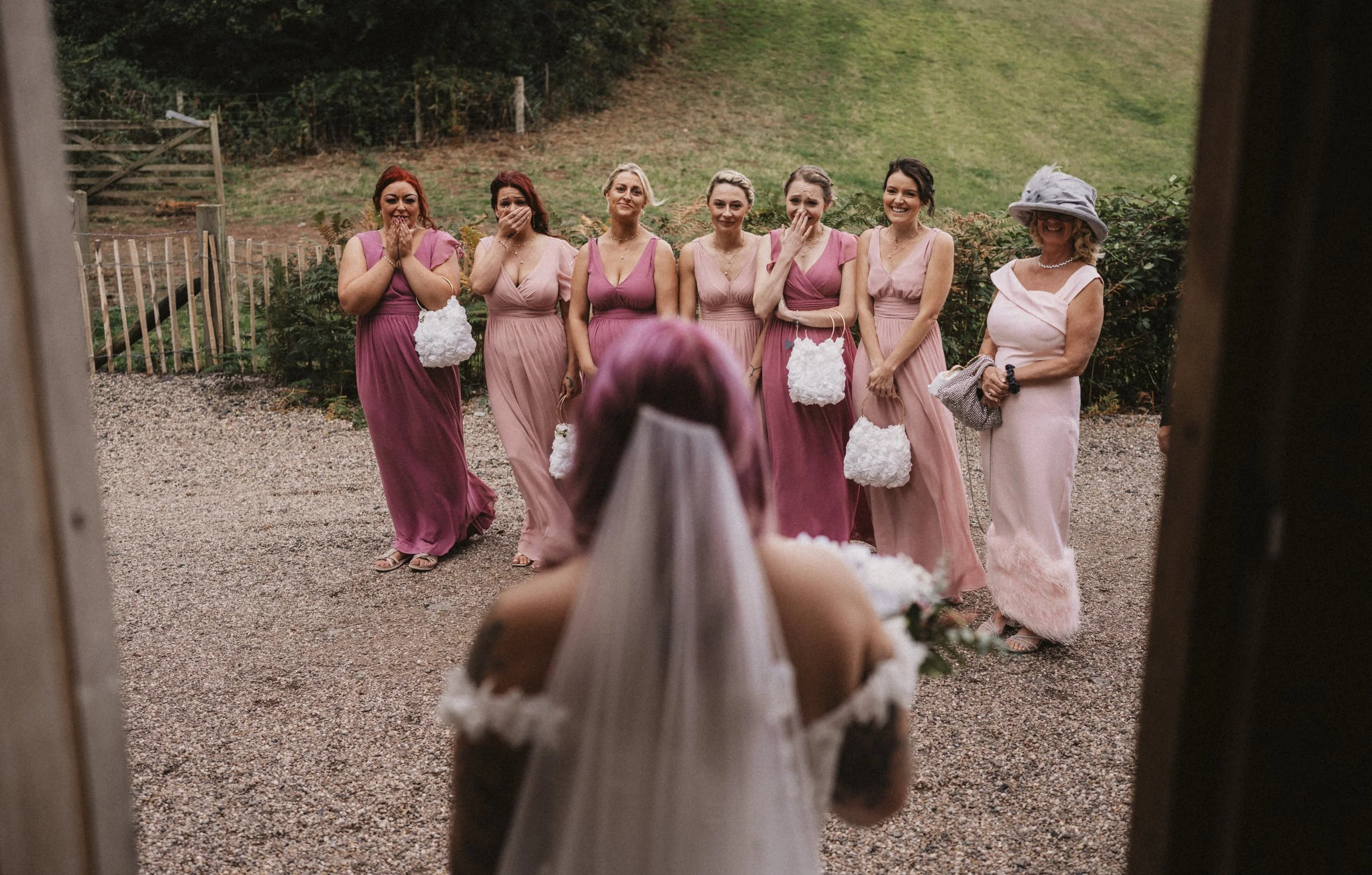 Bride with pink hair looking at six bridesmaids in pink dresses, some smiling and some covering their mouths, outside during a wedding event.