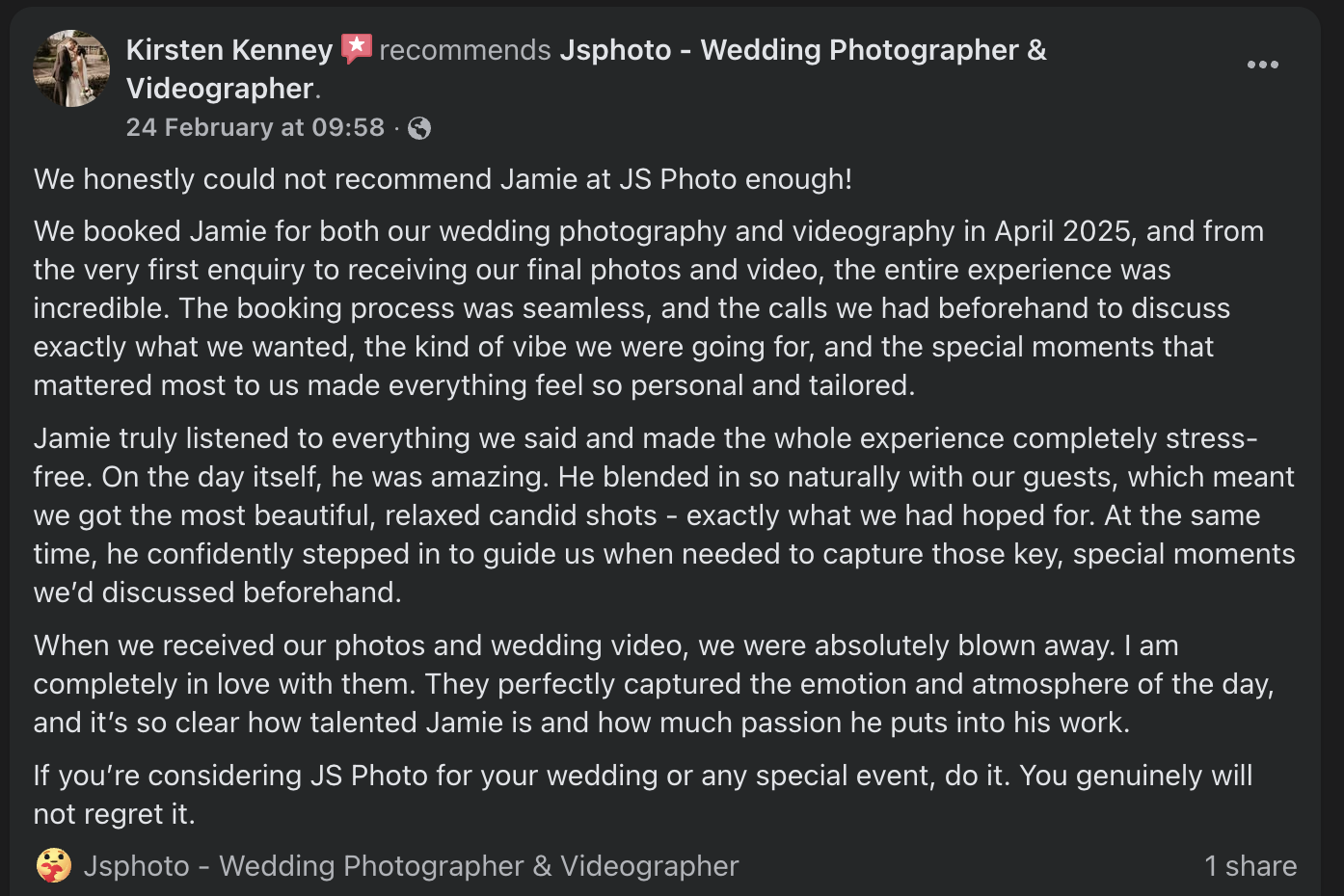 Screenshot of a Facebook review praising J'S Photo for wedding photography and videography services.