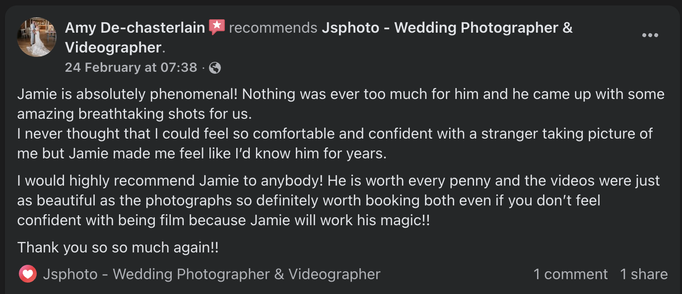 Facebook review from Amy De-chasterlain recommending Jshoto for wedding photography, sharing positive feedback about Jamie and mentioning the quality of photos and videos.