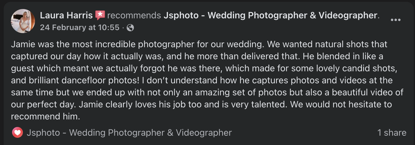 Screenshot of a Facebook review for Jsphto - Wedding Photographer & Videographer, praising the photographer for capturing natural shots and a beautiful video of a wedding day.