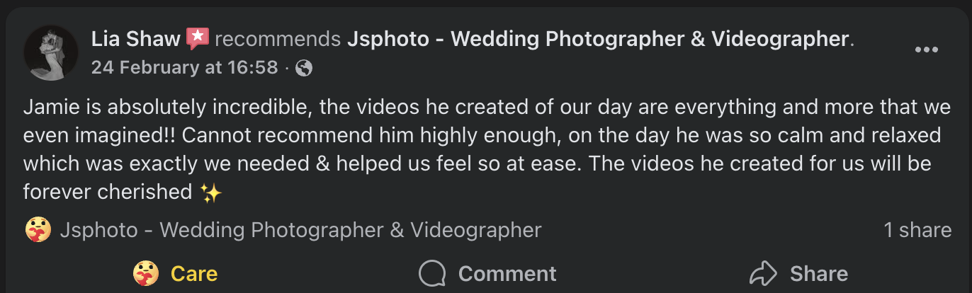 Screenshot of a Facebook recommendation post for Jphoto wedding photography and videography service. The post includes a positive review about the photographer, calling him incredible and expressing high satisfaction with the videos created for a wed