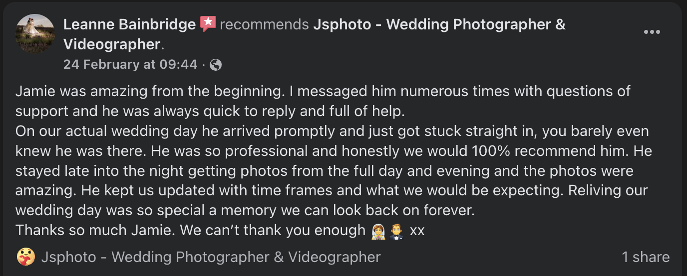 Screenshot of a Facebook review expressing satisfaction with a wedding photographer, Jamie, highlighting his professionalism, helpfulness, and the quality of wedding photos.