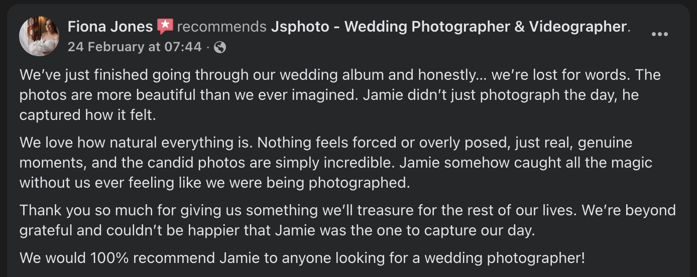 Screenshot of a Facebook post from Fiona Jones recommending wedding photographer Jsphoto, sharing her appreciation for natural and candid wedding photos.
