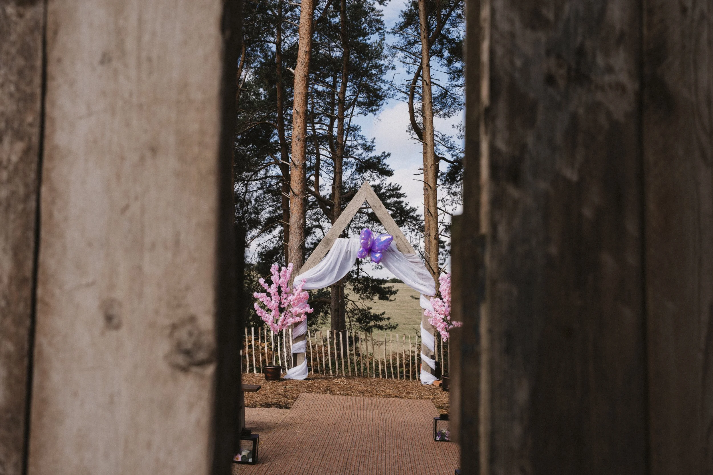 A wedding arch decorated with white fabric, a purple butterfly-shaped balloon, and pink artificial cherry blossom trees on either side, set outdoors in a wooded area.