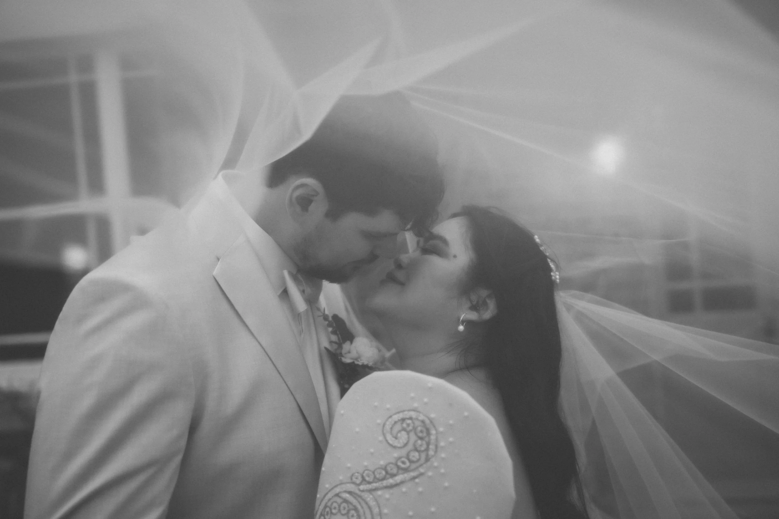 Bride and groom sharing a kiss under a sheer wedding veil.