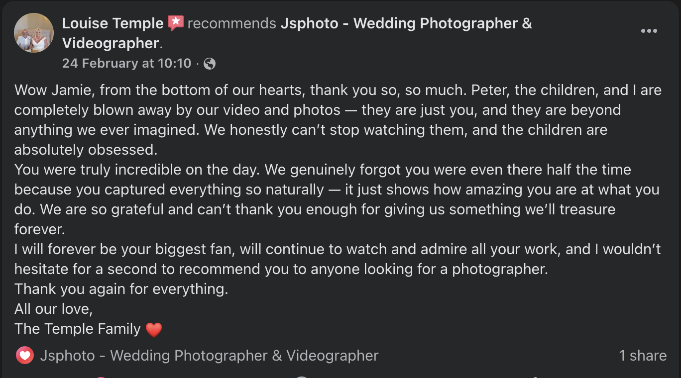 Screenshot of a Facebook testimonial post from Louise Temple, recommending Jsphto wedding photographer and videographer. The post includes a heartfelt message of gratitude and love for the photographer, praising their work and professionalism.