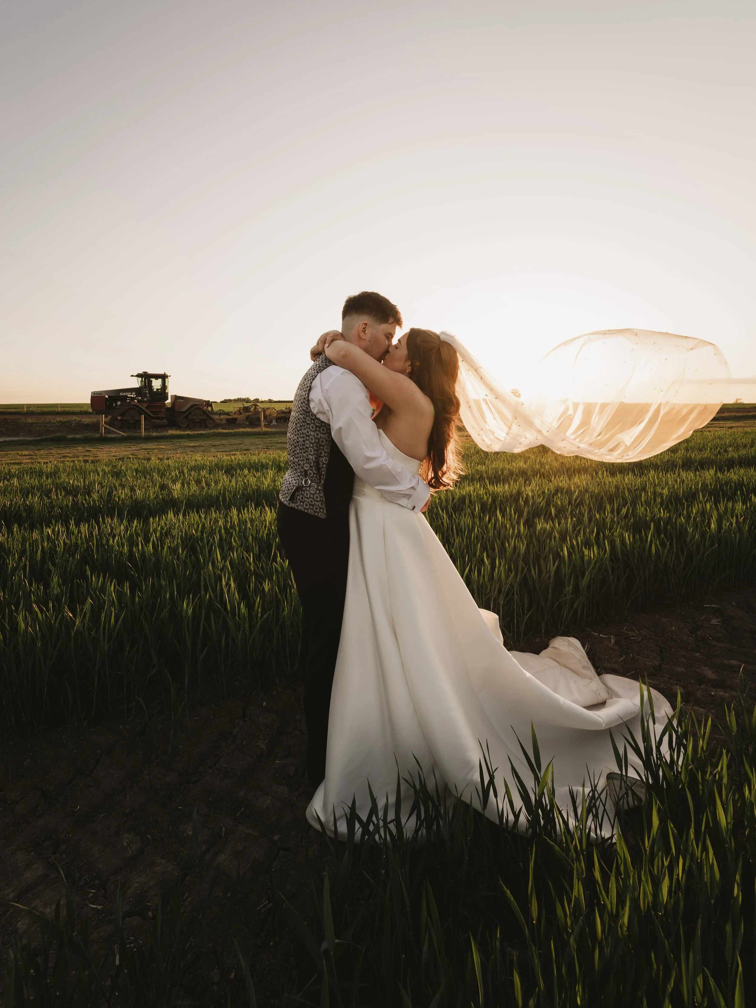 A couple kissing in a field during sunset, with a veil flying in the air and traffic tractors in the background.