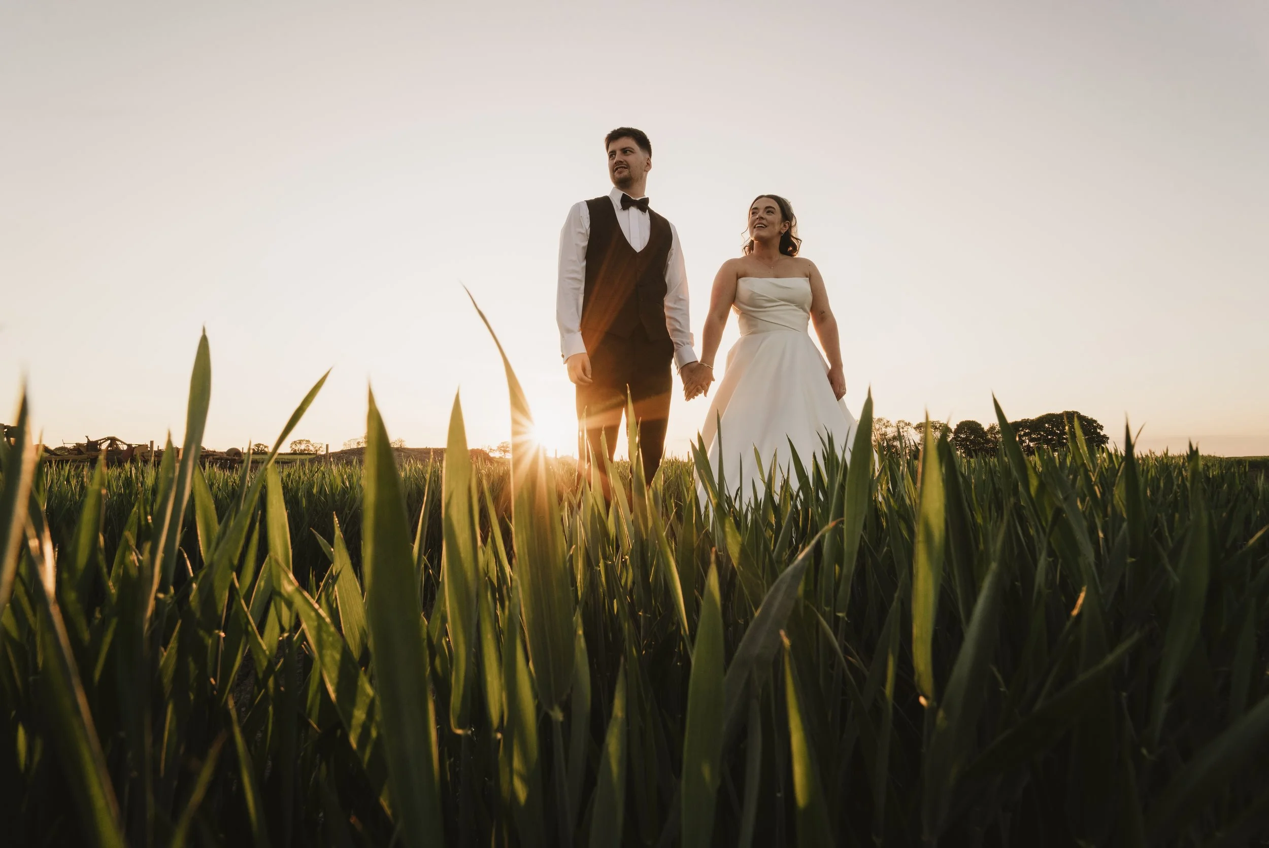 A newlywed couple holding hands stands in a lush green field at sunset, with the sun low on the horizon casting a warm glow and backlighting their figures.
