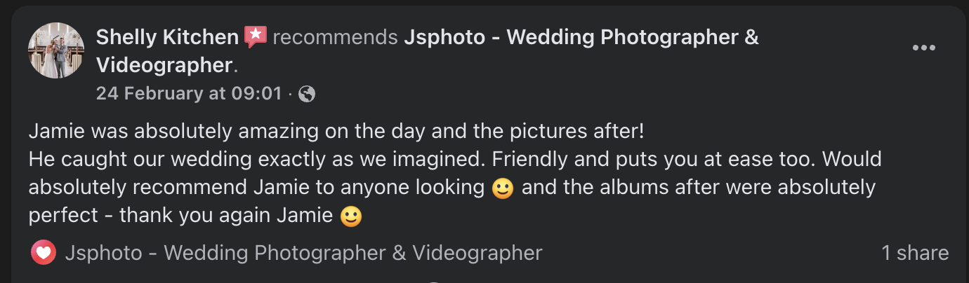 Facebook review post from Shelly Kitchen recommending Jsphto wedding photographer, praising Jamie for capturing the wedding perfectly, with a smiling emoji.