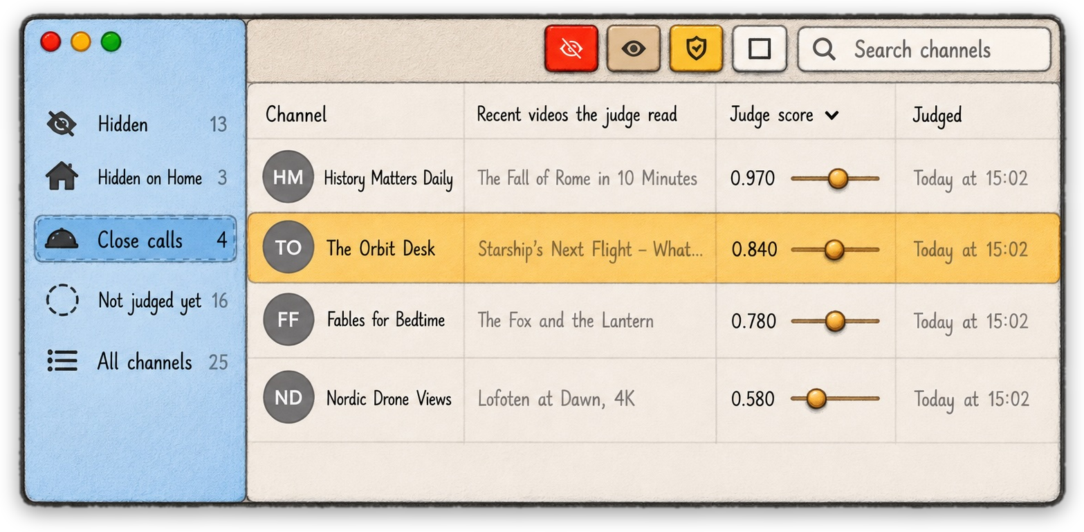 Pencil sketch of the Close calls list: four channels the judge wasn't sure about, each score shown as a wooden bead on a thread, and the selected row on a yellow painted plank.