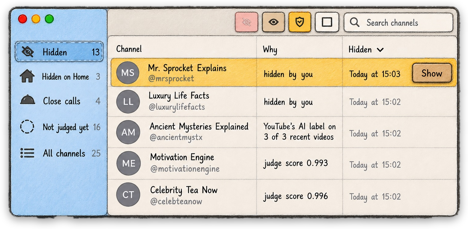 Pencil sketch of Deslopifyer's main window on the Hidden list: a blue felt sidebar, five hidden channels each with the reason it was hidden, and the selected row on a yellow painted plank.