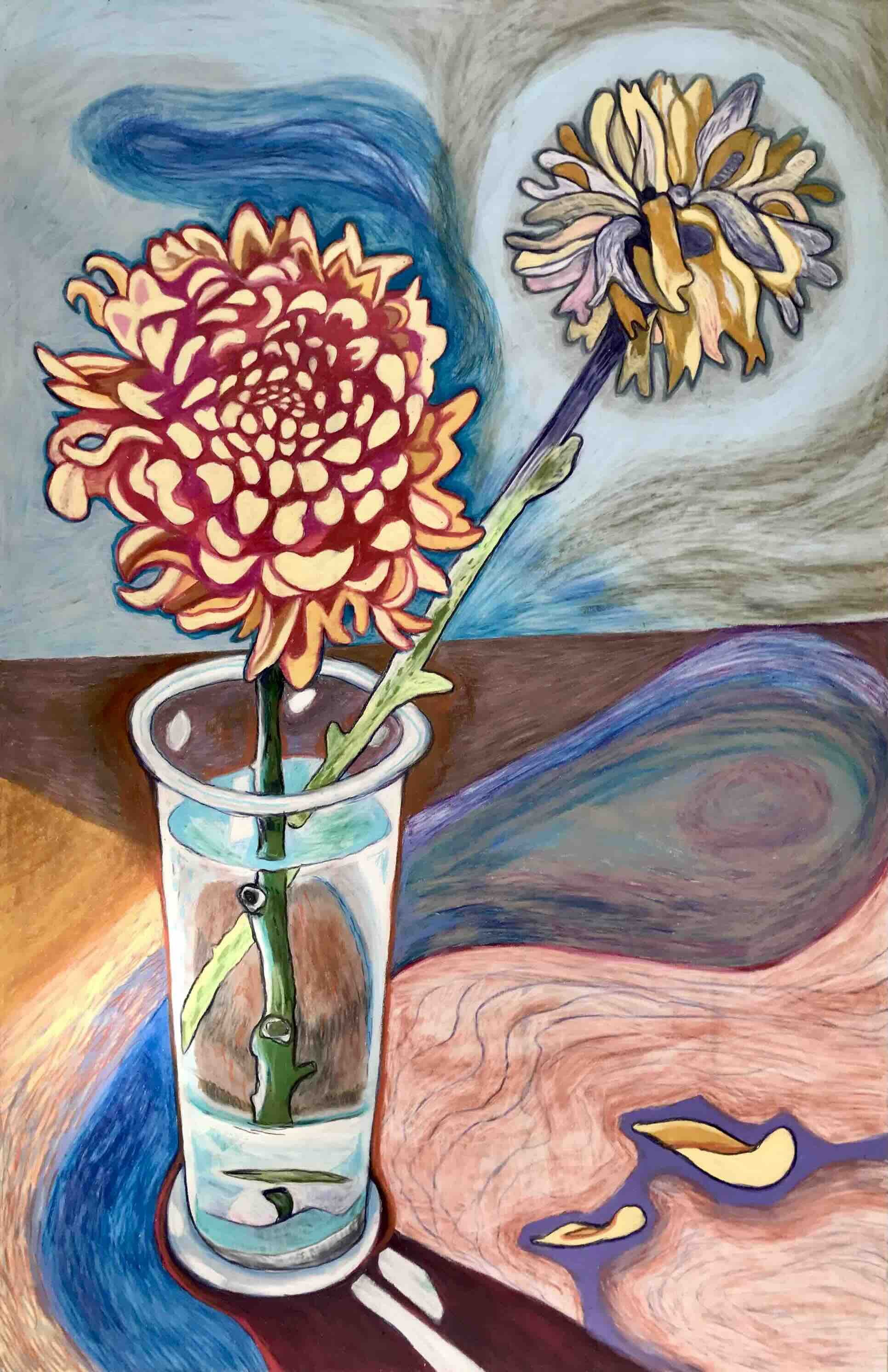 Chrysanthemum, oliekridt på transparent papir, 102x66 cm