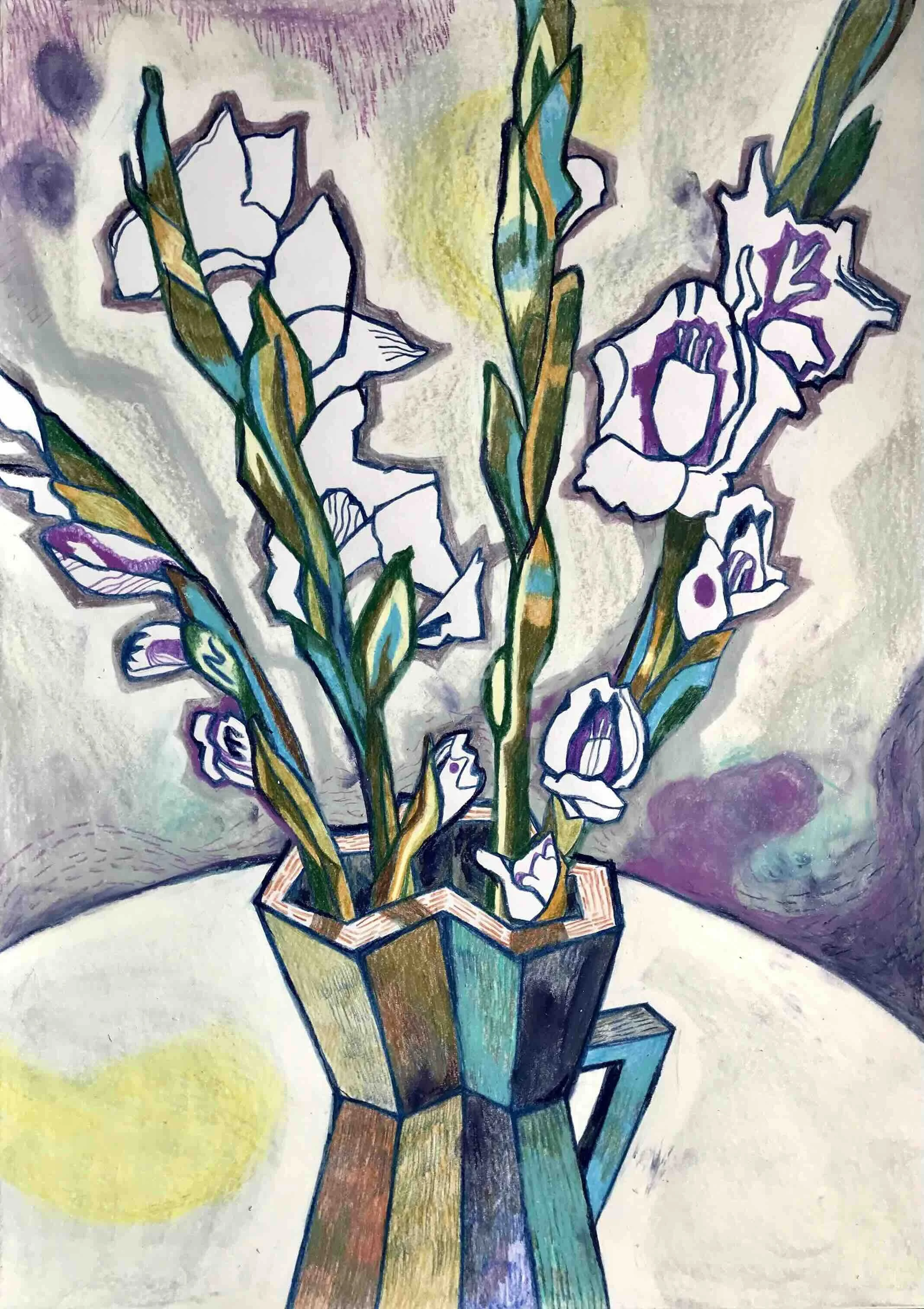 Gladiolus 1, oliekridt på transparent papir, 102x66 cm