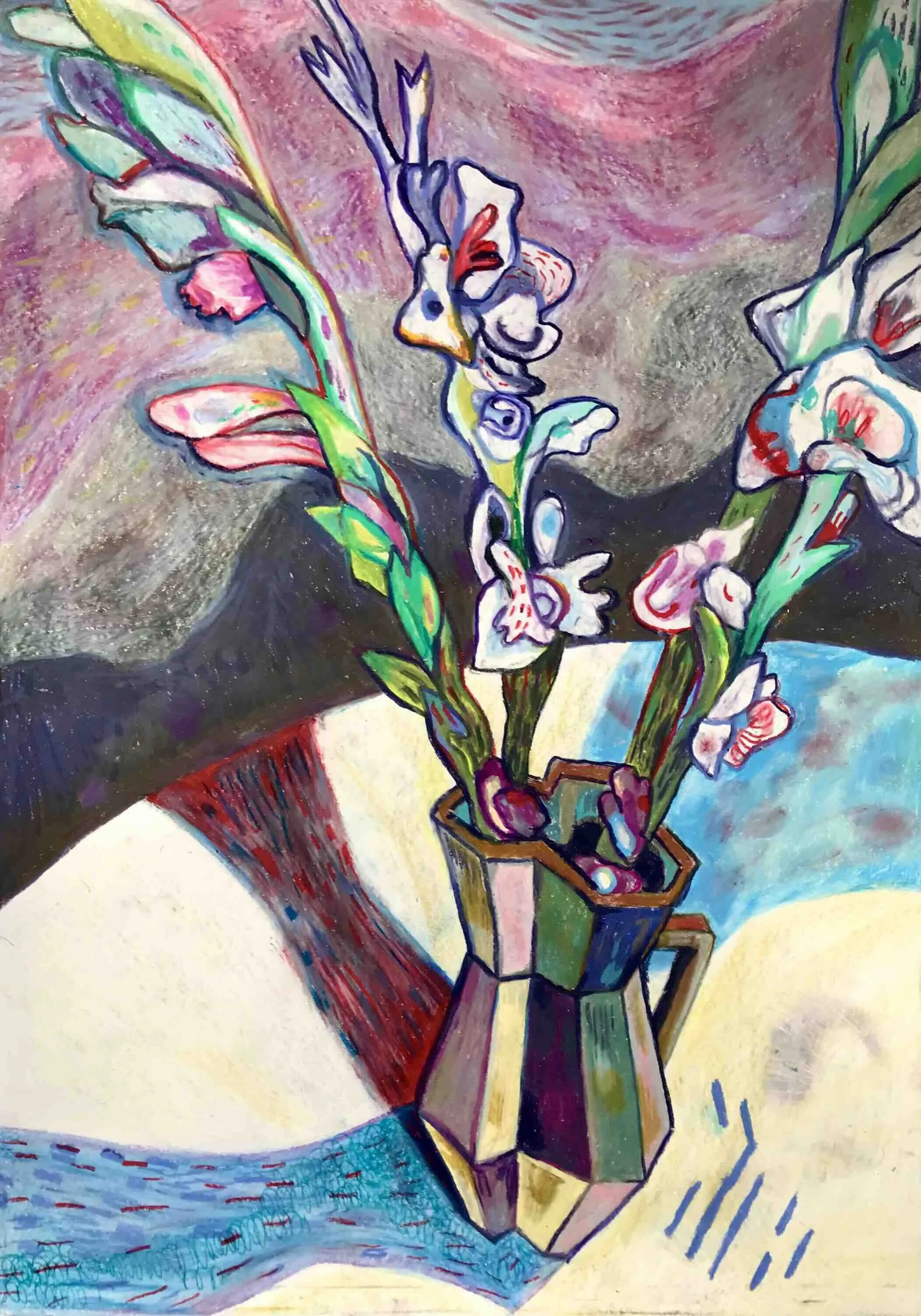 Gladiolus 2, oliekridt på transparent papir, 102x66 cm