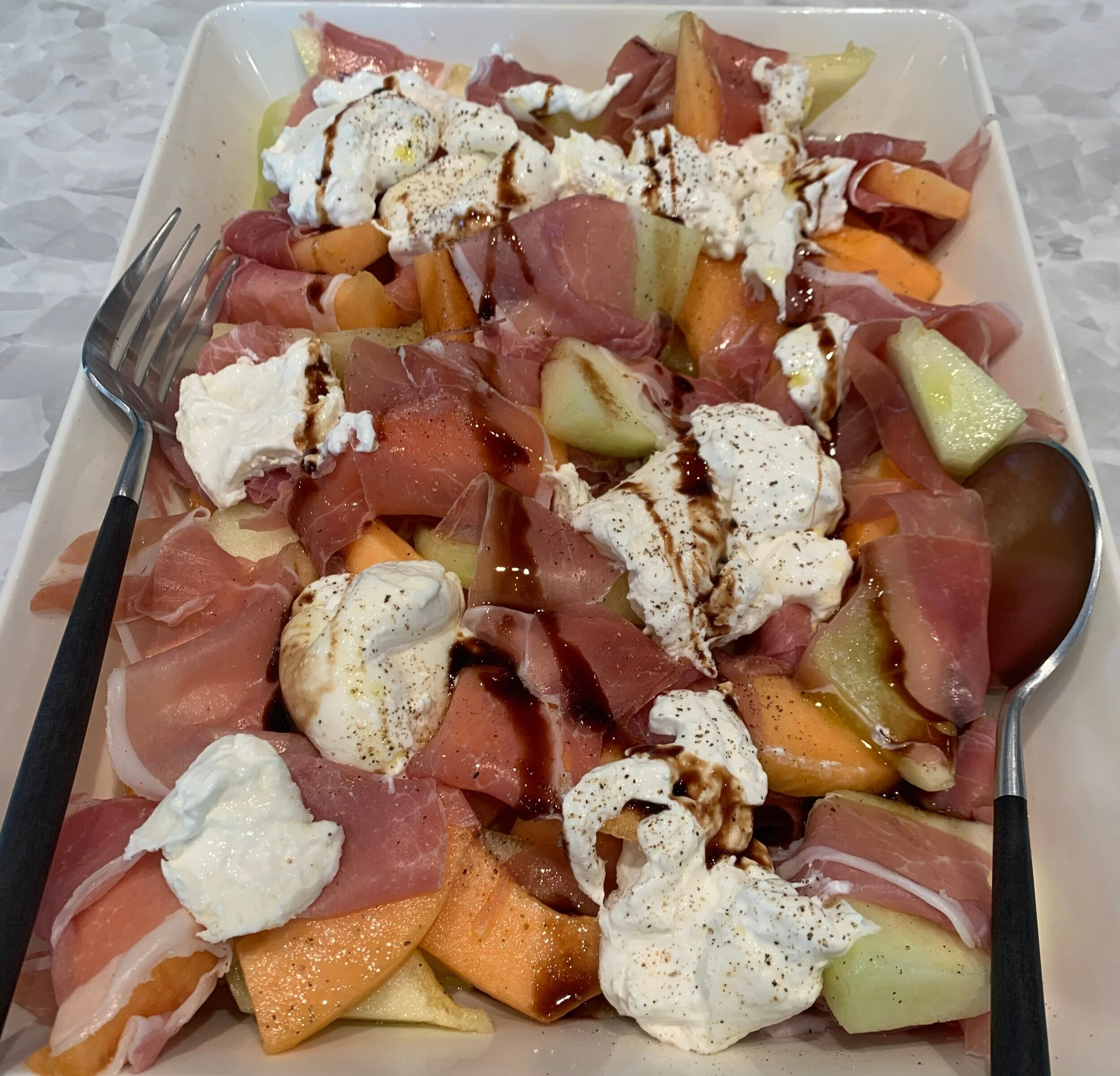 EATS:  Prosciutto, Burrata, Melon Salad