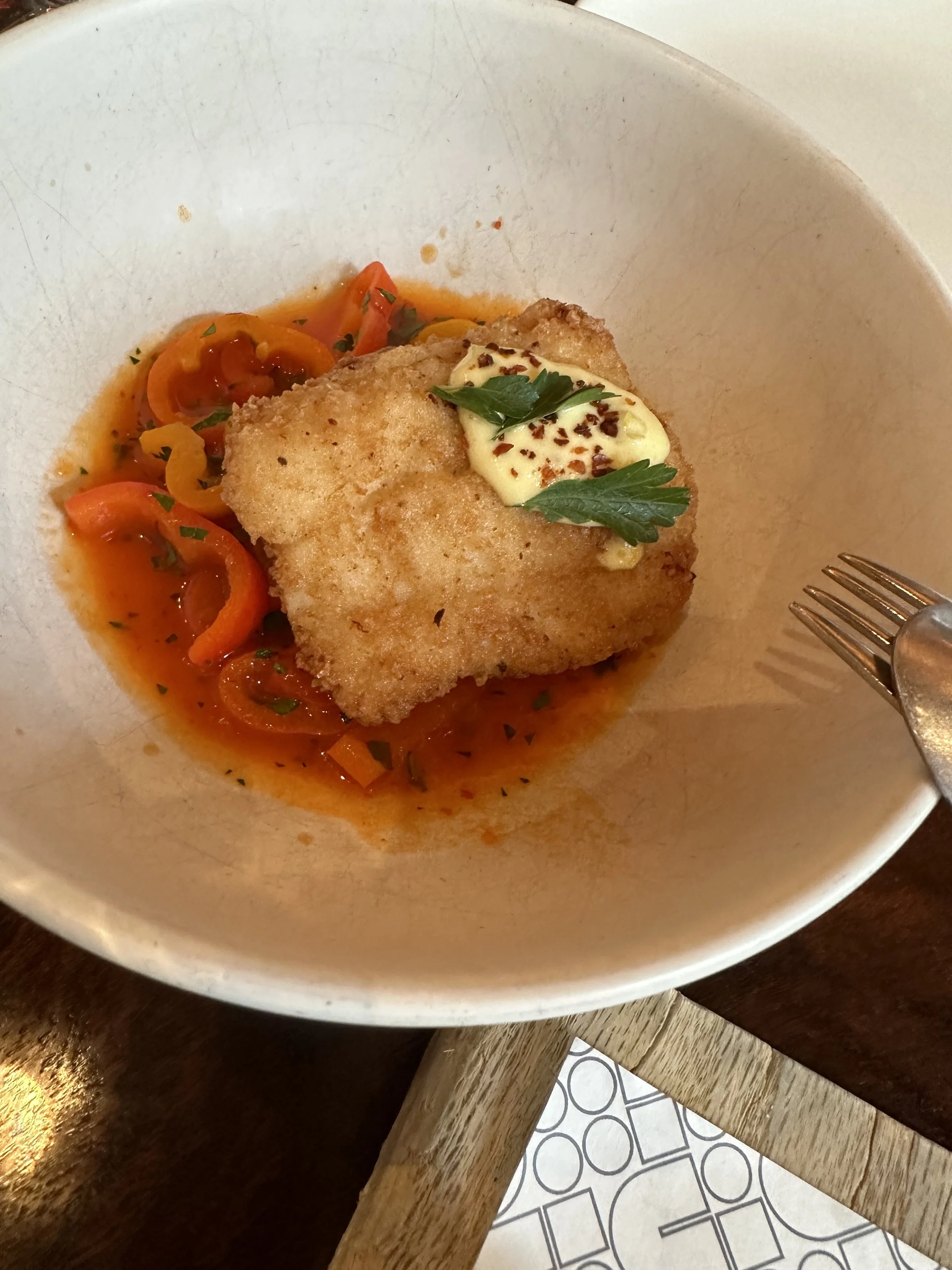   Baccala Fritti with marinated peppers, agrodolce, and oregano 