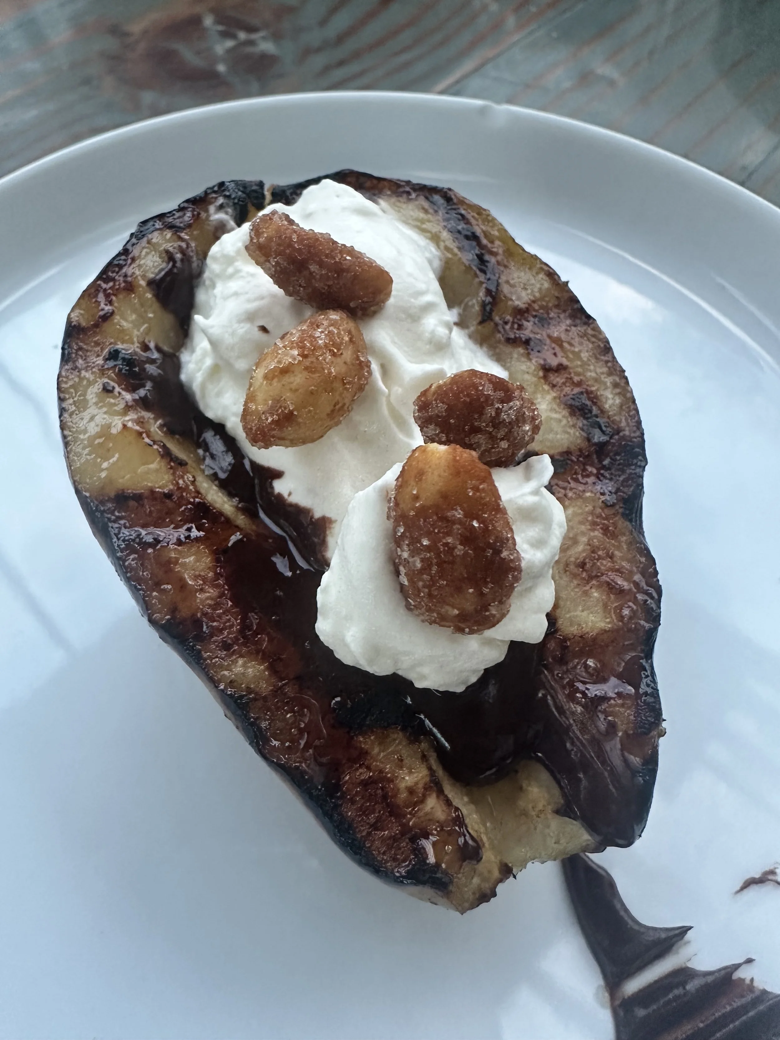 Fire Roasted Pears with Chocolate Ganache 