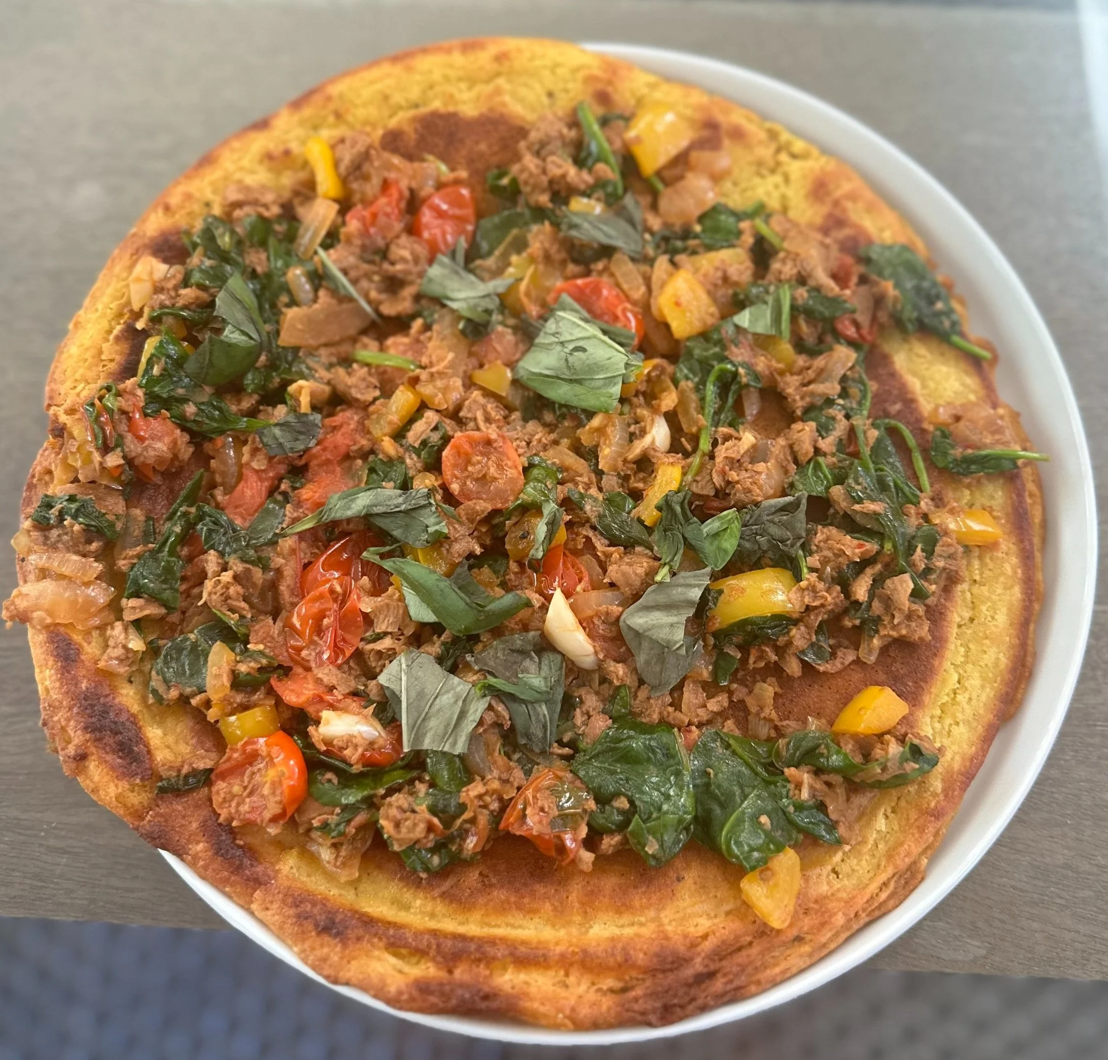 Vegan Socca with Sautéed Veggie &amp; Protein Topping