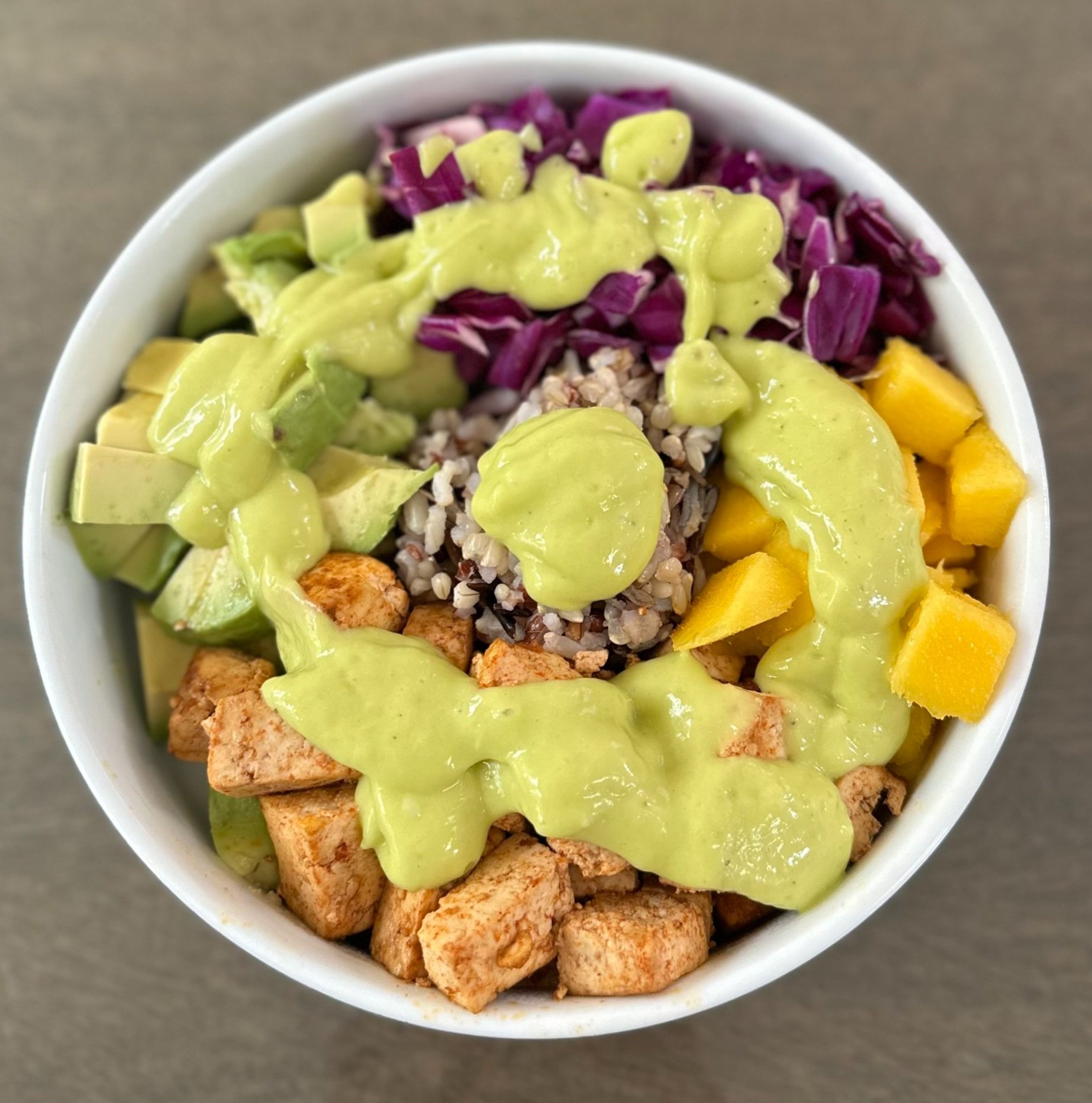 Tofu &amp; Red Cabbage Bowl with Mango-Avocado Dressing
