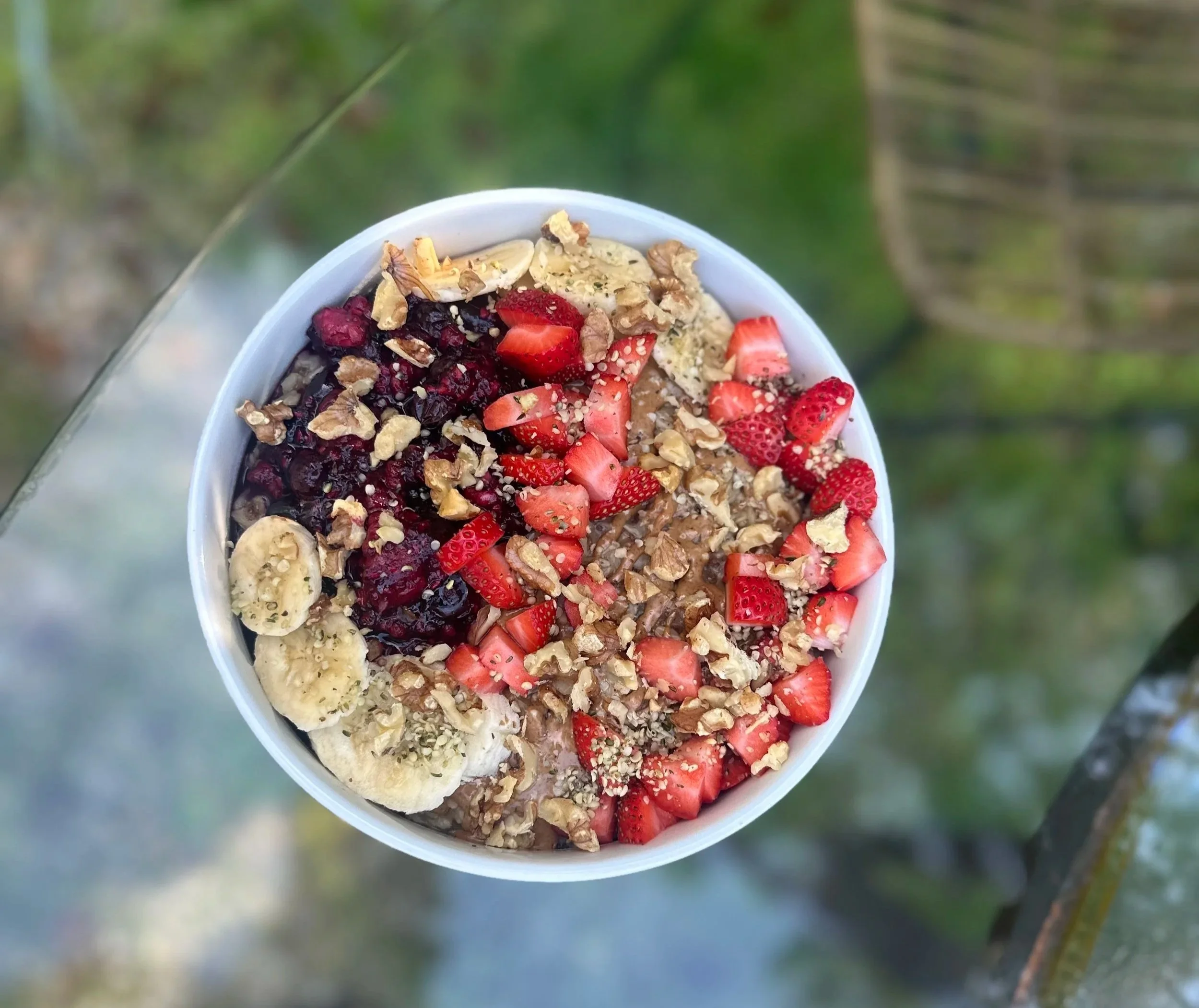 Cinnamon Maple Oatmeal Bowl with Berry Compote and Fresh Fruit