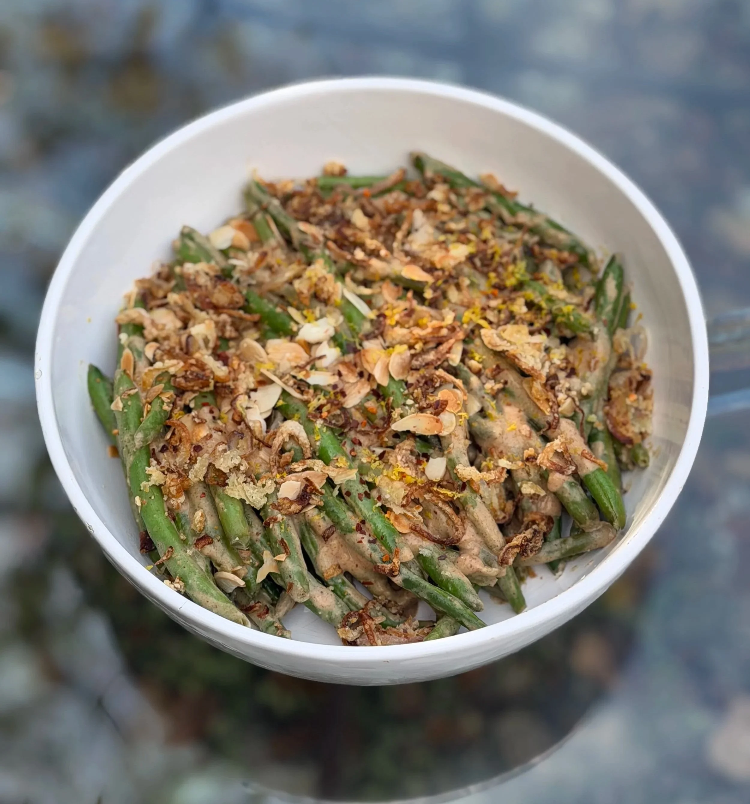 Charred Green Beans with Miso-Almond Butter and Crispy Shallots