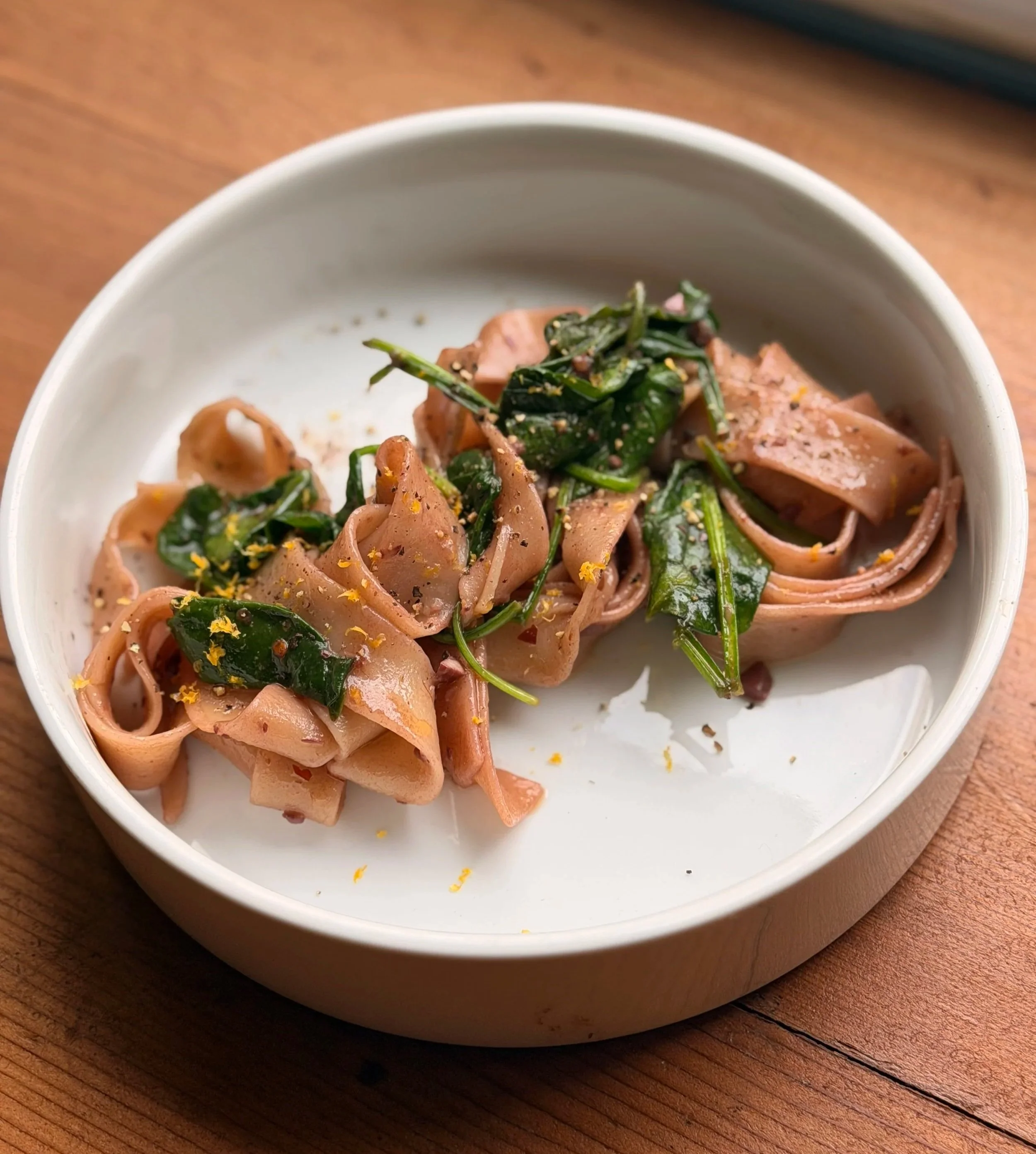 Garlic Lemon–Red Wine Pappardelle with Wilted Spinach