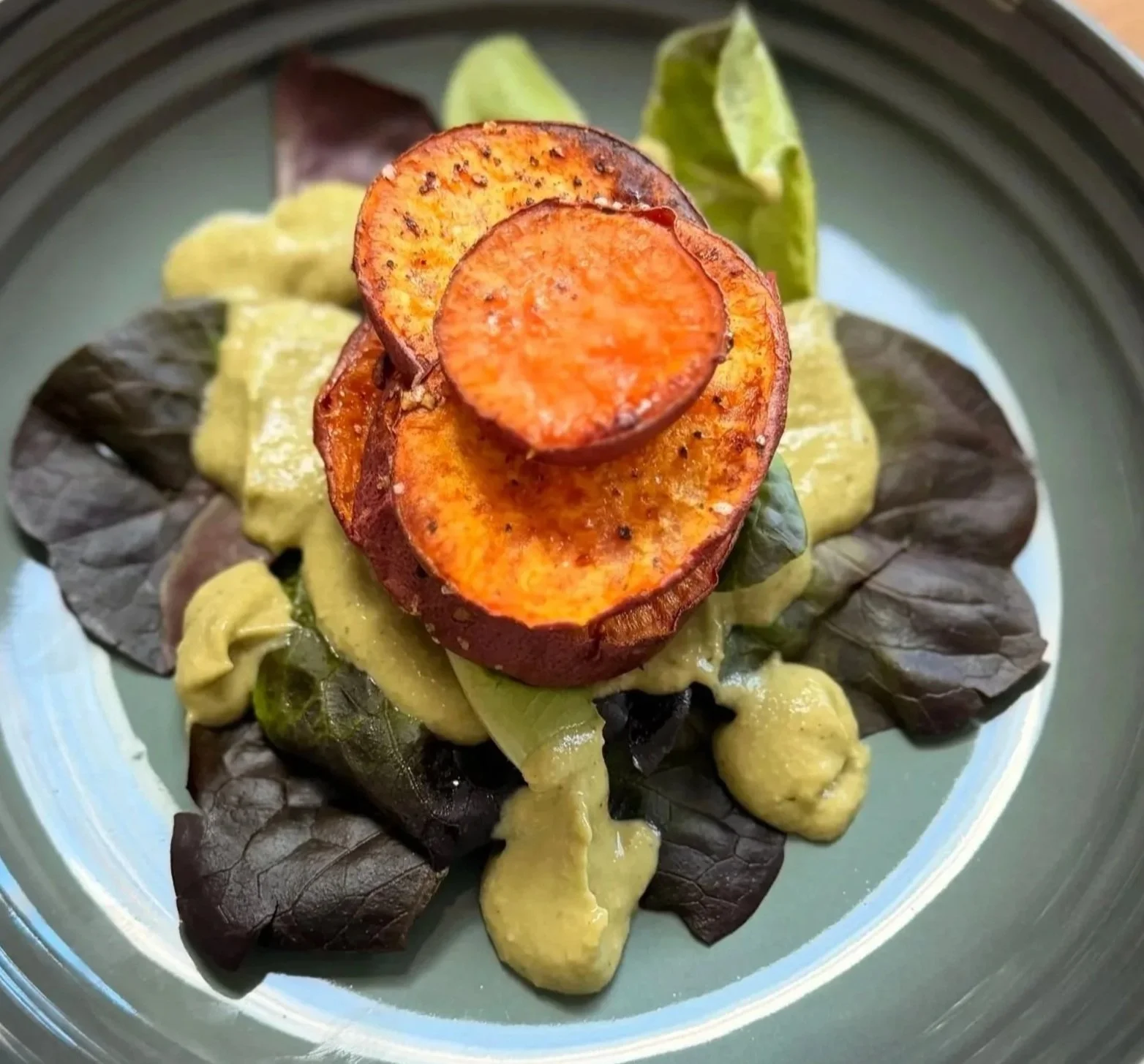 Roasted Sweet Potato with Avocado Cashew Crema 