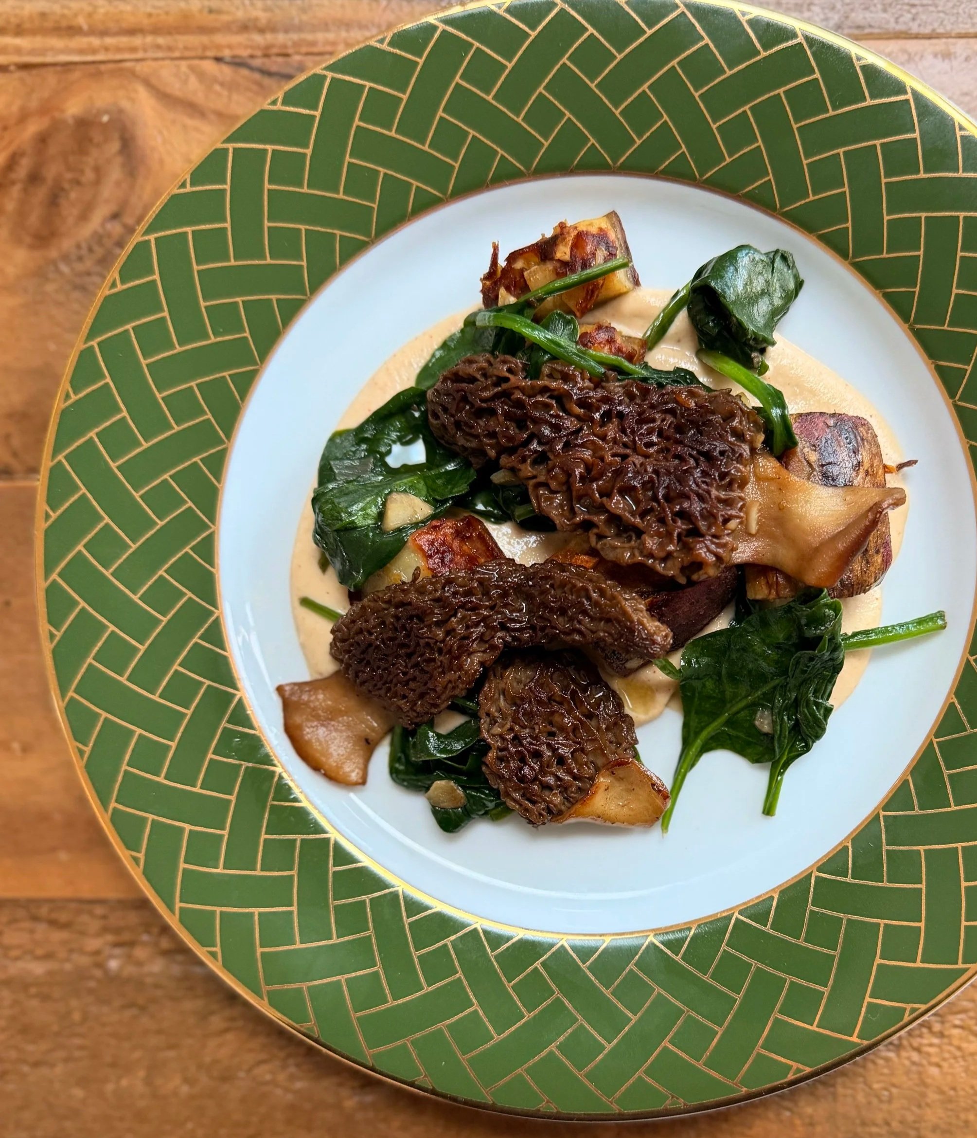 Foraged Morel with Cashew Miso Cream, Roasted Sweet Potatoes &amp; Garlic Greens