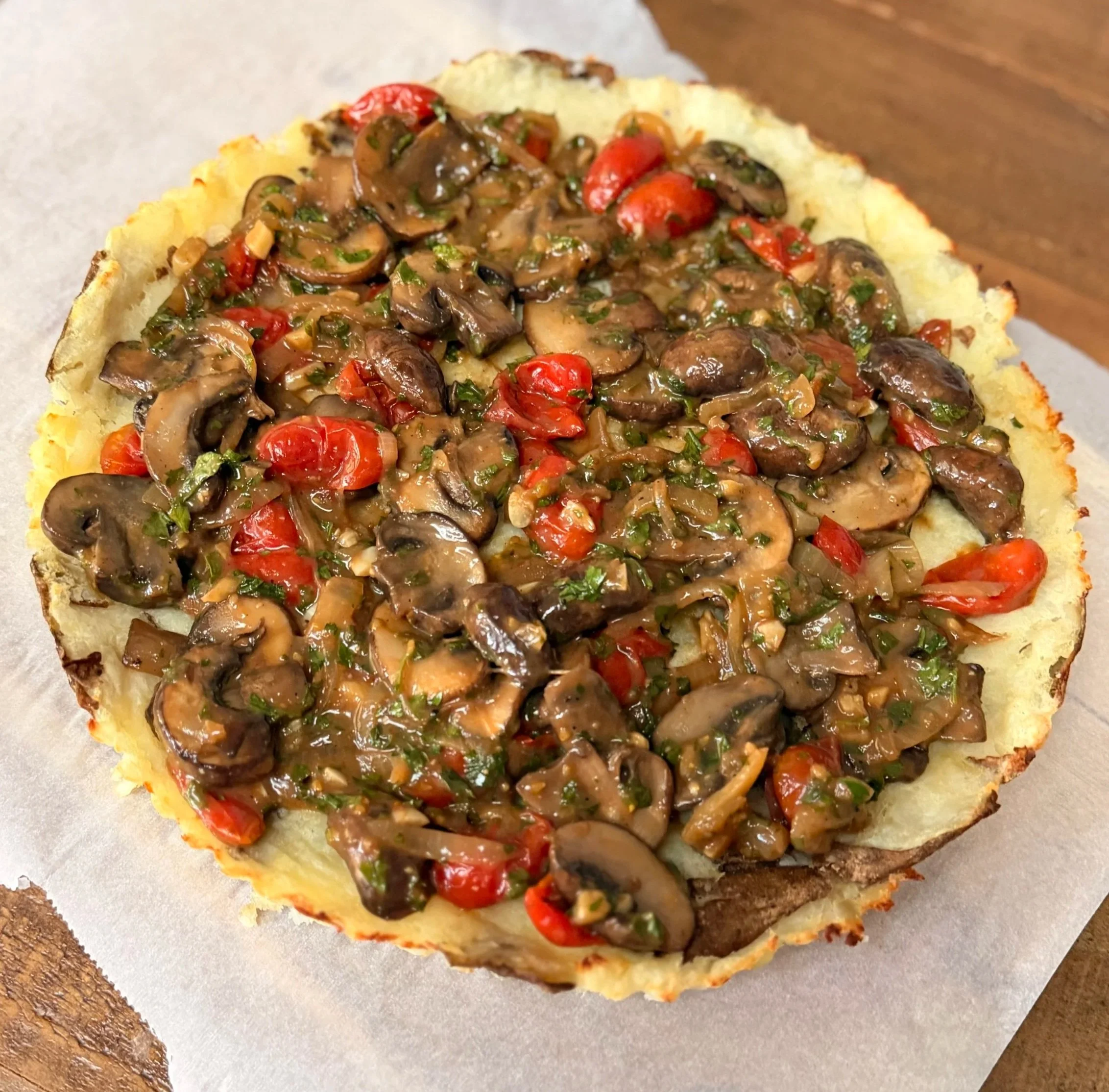 Crispy Smashed Potato Tart with Balsamic Miso Mushrooms