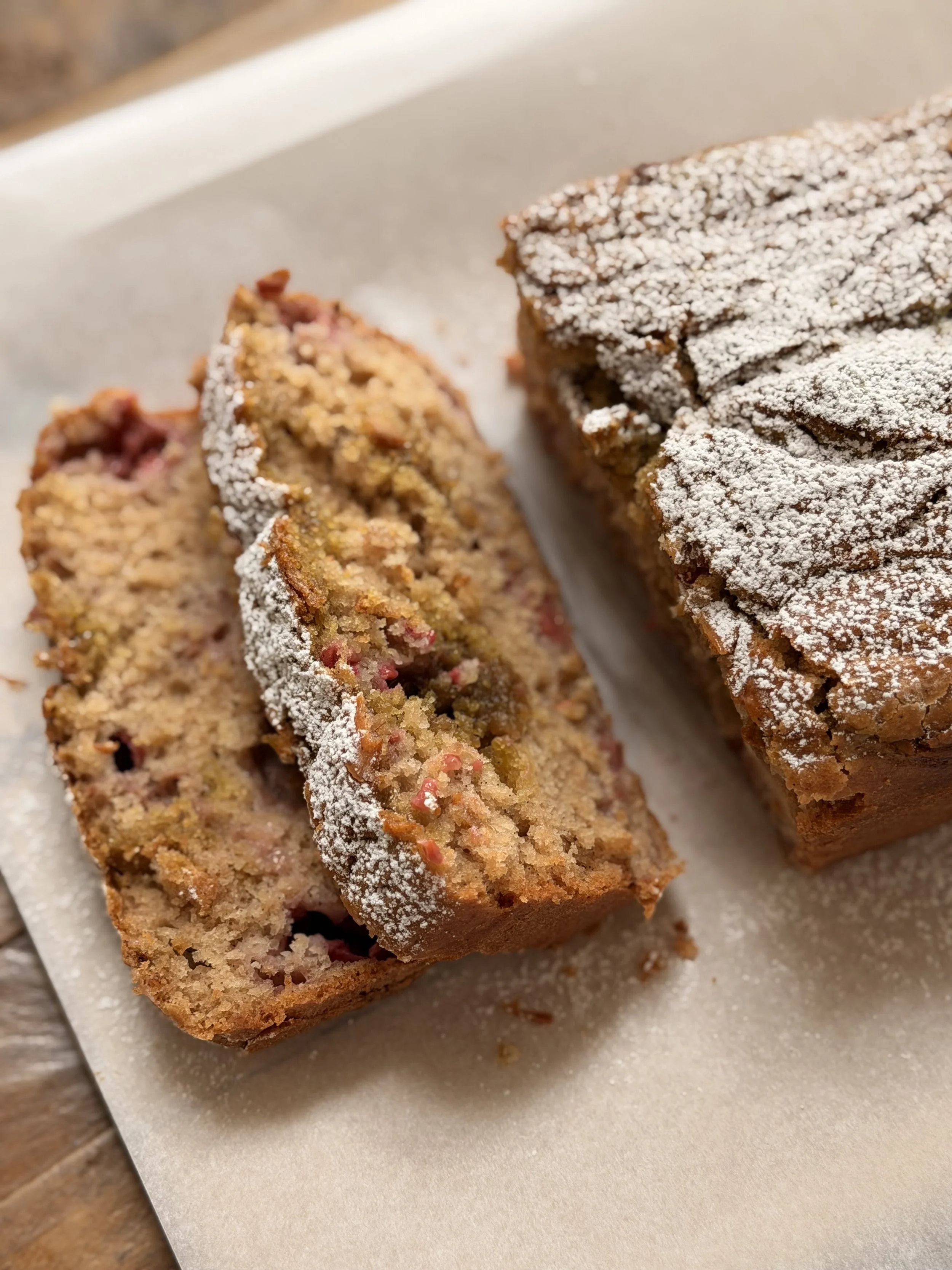 Olive Oil Raspberry Loaf with Pistachio Cream Swirl