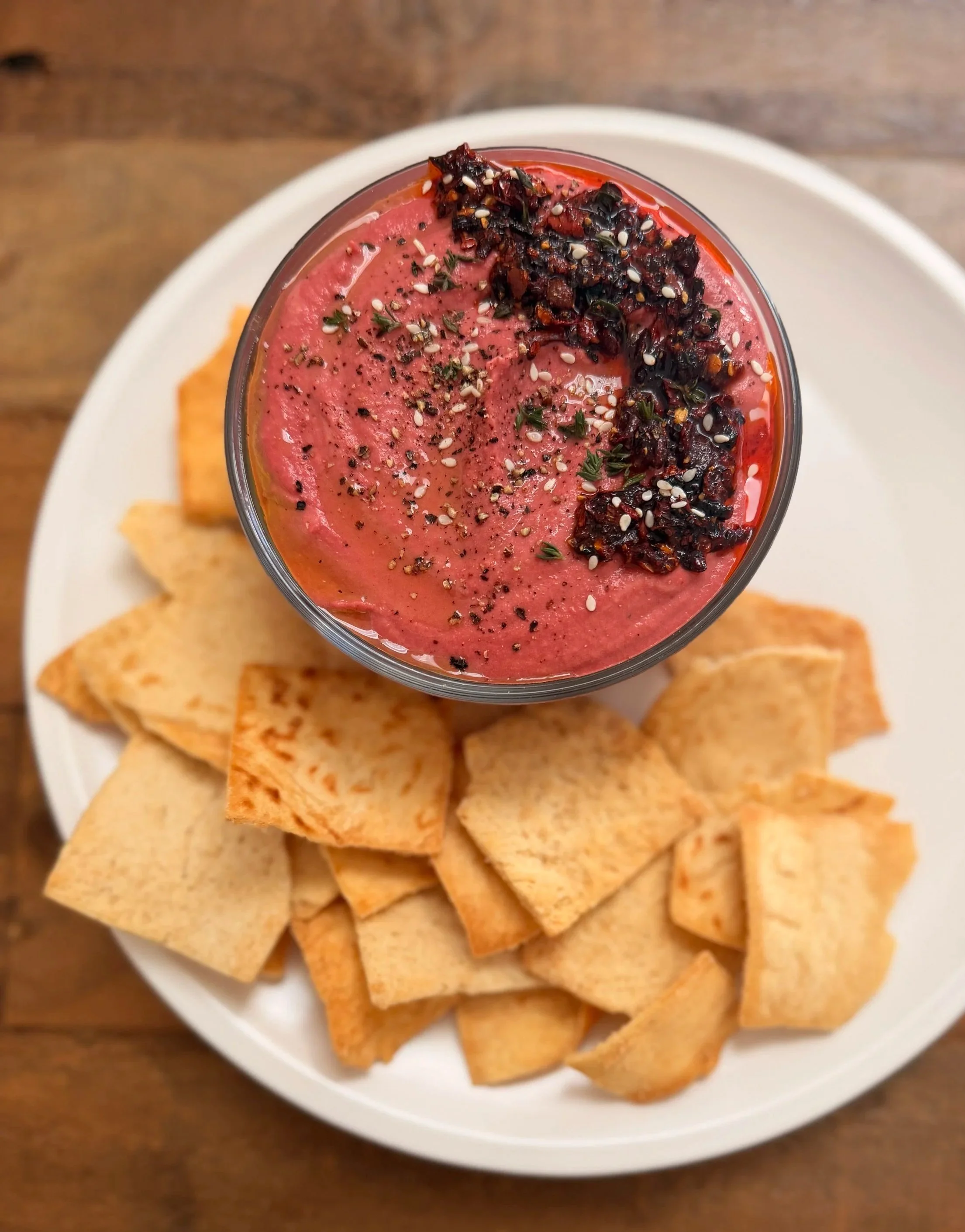 Ruby Beet Hummus with Spicy Chili Crisp