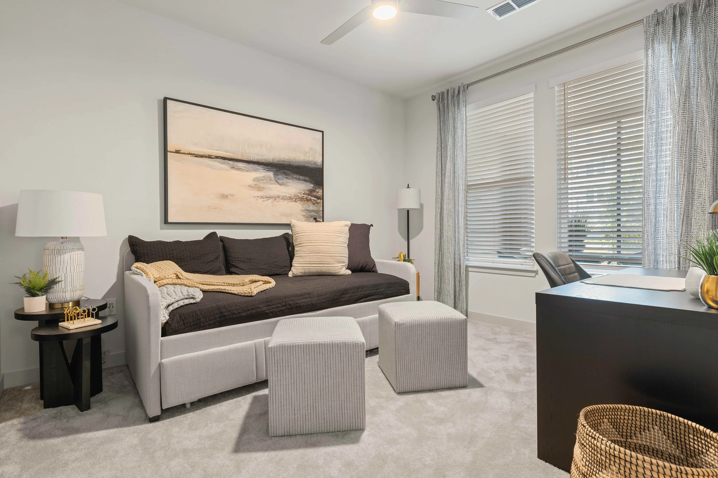 Living room with a white sofa, a black side table, a large abstract painting on the wall, a floor lamp, and windows with blinds and curtains.