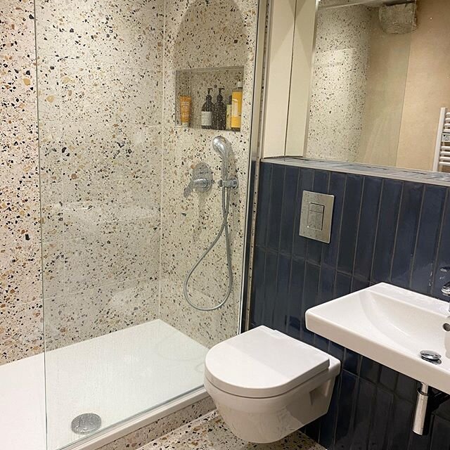 One of our beautiful bathrooms at The Old Townhouse.
Inspired by Stari Grad&rsquo;s Venetian history, we sourced these wonderful terrazzo tiles to give a contemporary interpretation on the original material. The vertical stacked blue tiles provide th