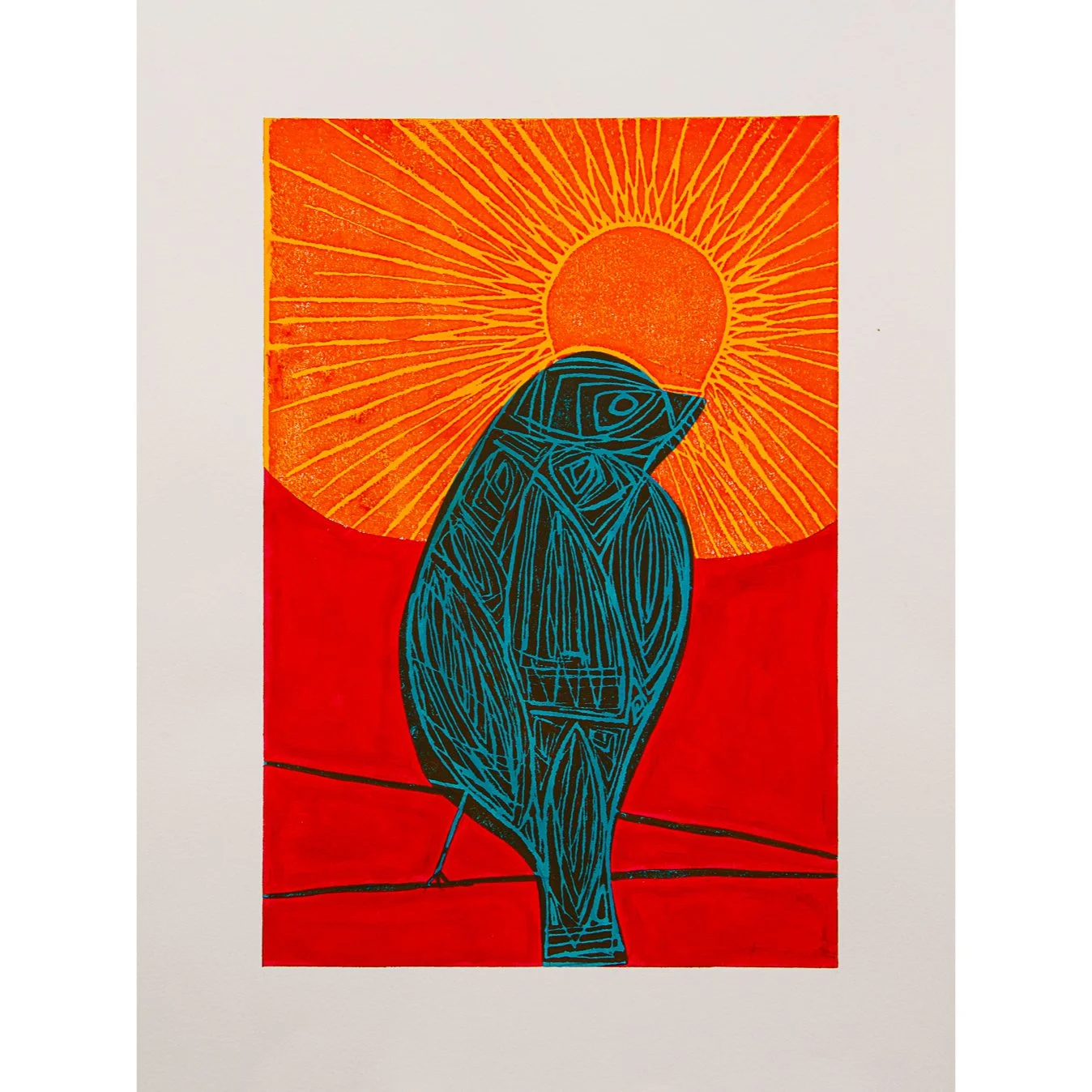 Dunigan_Julie_Bird%20on%20Wire_2026_Acrylic%20relief%20print%20and%20painting%20on%20paper%20on%20wooden%20panel_22x16_Unframed_%24500.jpg